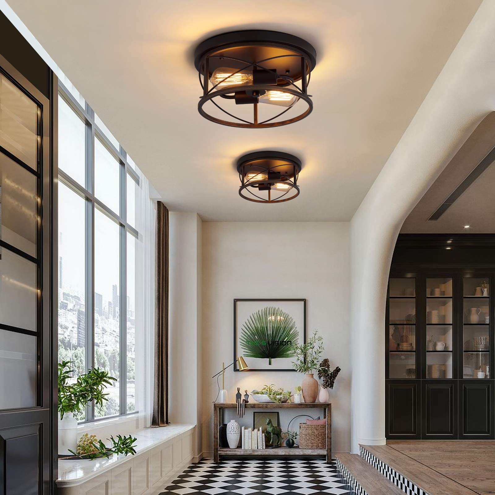Q&S Farmhouse Ceiling Light Fixture Flush Mount,Orb+Bronze,Rustic Vintage Mini Ceiling Lighting For Hallway Entryway Kitchen Din