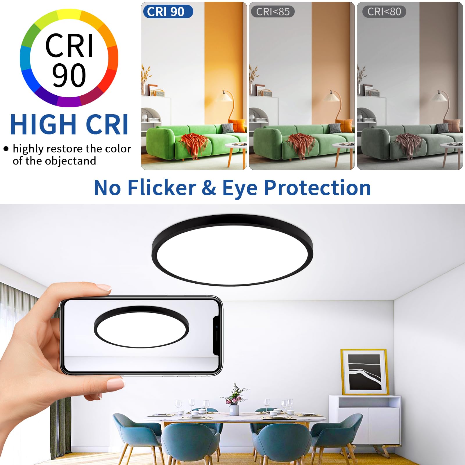 Glowall 20 Inch Black Led Ceiling Light, Dimmable With Remote Control, Modern, Ultra Thin Flush Mount, Round Light Fixtures, 48W, 4800 Lumen, For Bedroom, Living Room, Kitchen, Dining Room