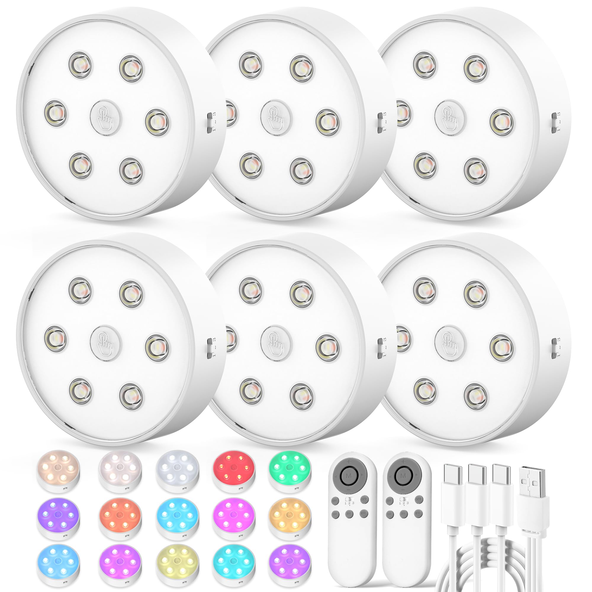 Rechargeable Under Cabinet Lighting Puck Lights with 2.4G Remote 2600mAh Sync and Groupable Color Changing Magnetic Stick on Tap