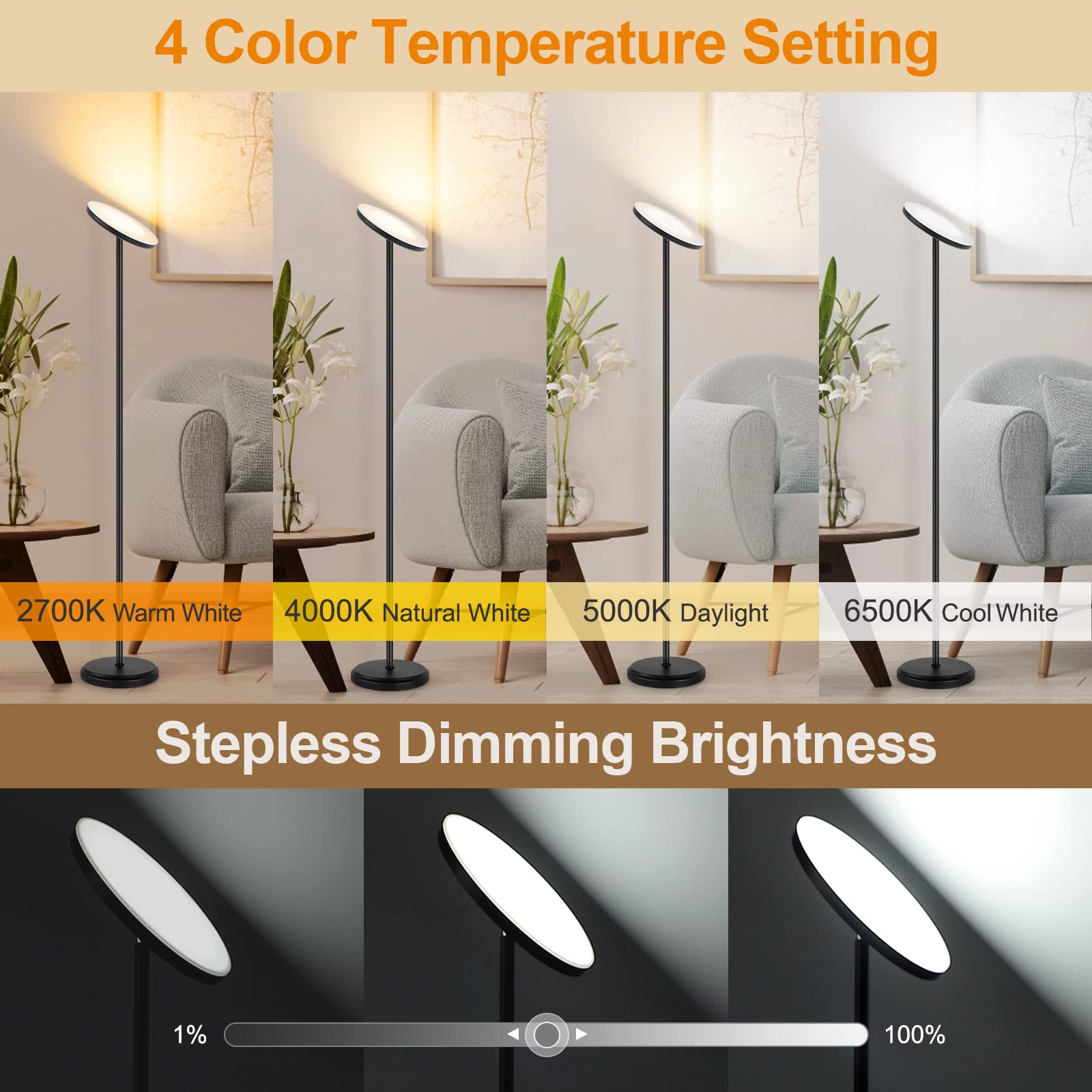 OUTON Smart LED Floor Lamp, 30W/3000LM, Dimmable, Matte Black, Model FL01WIFI, Compatible with Alexa/Google Home