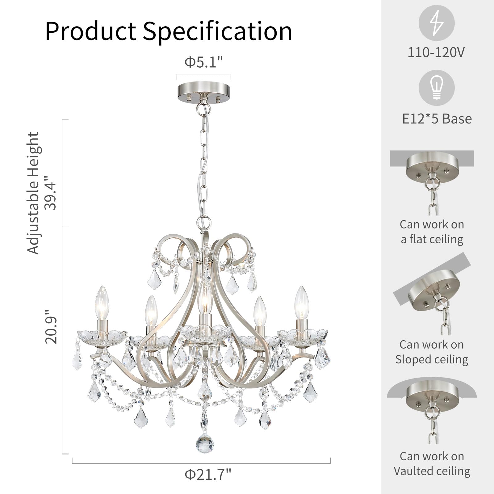 Wuzups Crystal 5-Light Candle Chandelier Pendant Flushmount Ceiling Light Modern Lighting Fixture For Bedroom Hallway Bar Kitchen Bathroom  H 20.9 X W 21.7  Brushed Nickel  E12 Base
