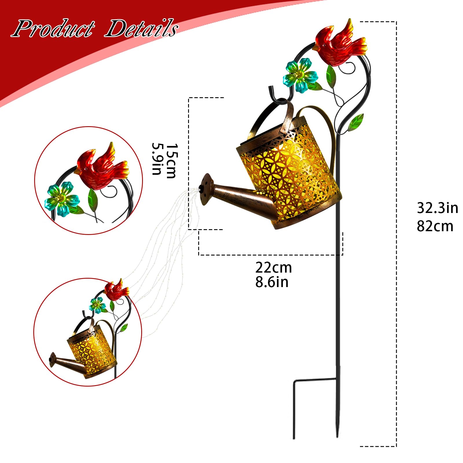 Ostritec Solar Watering Can Lights - Metal Garden Decor With Cardinal Hook For Outdoor Christmas
