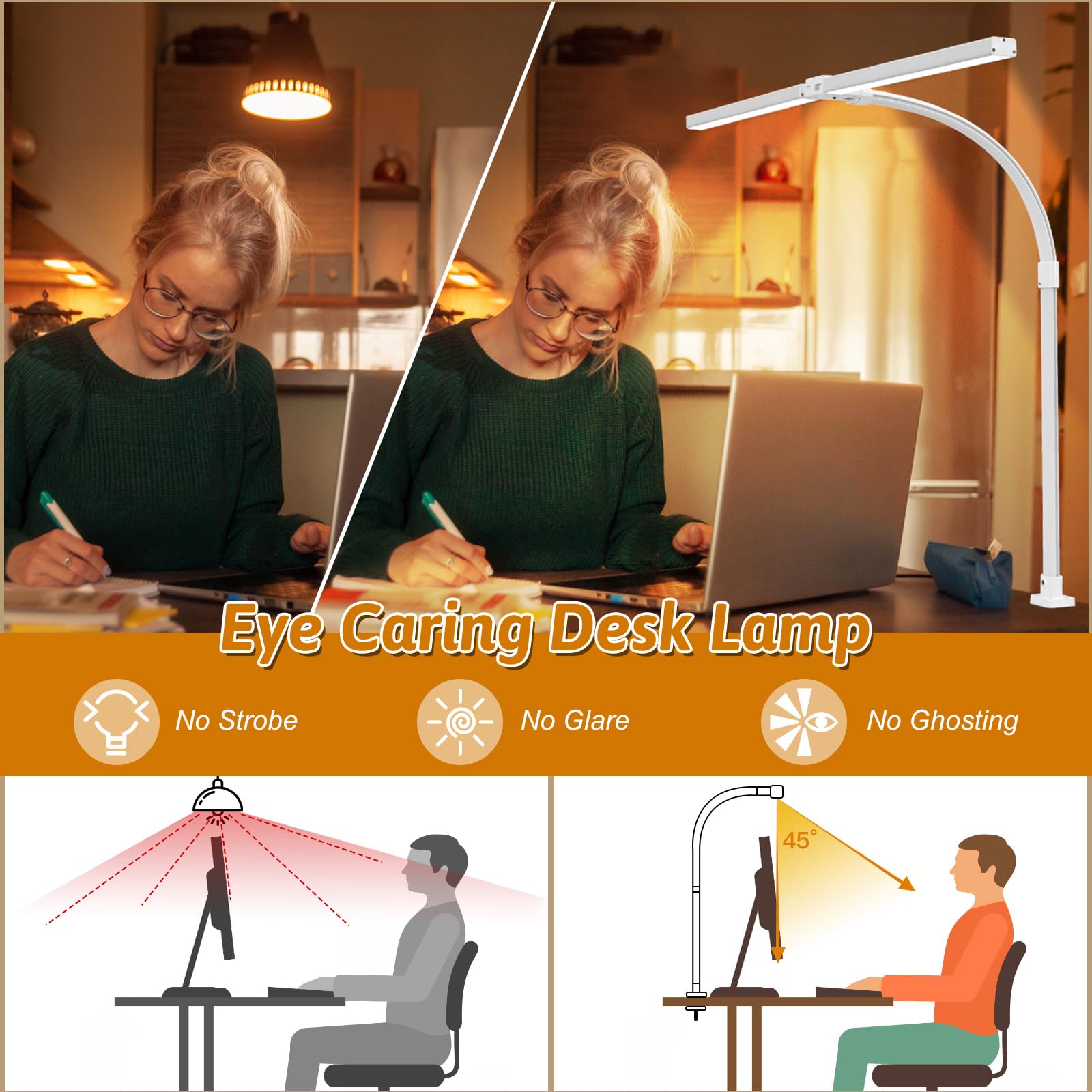 MACASA Double Head LED Desk Lamp with Remote Control, 24W Brightest, Clamp Size, White, Model S01-White