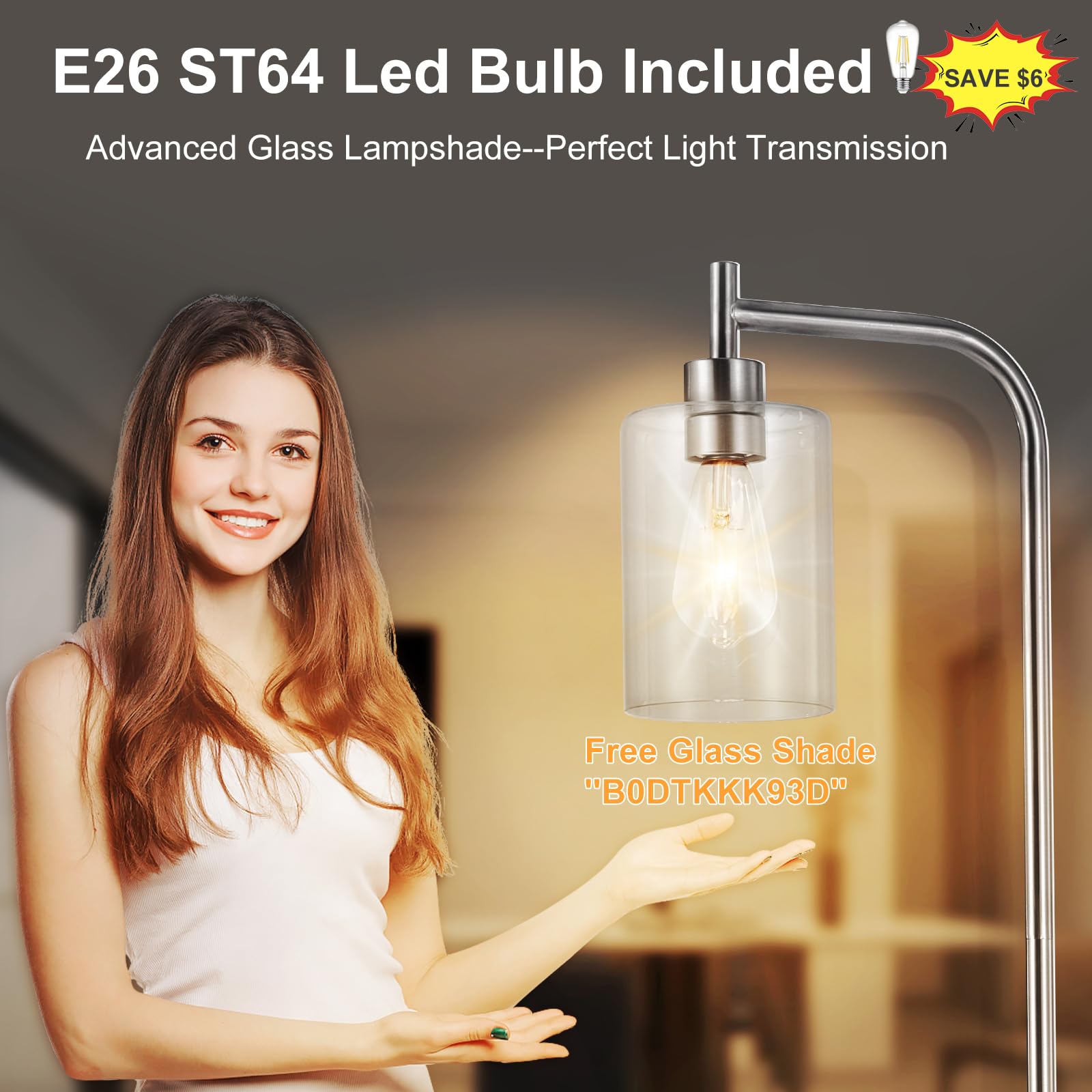 Dllt Floor Lamp Tall For Room: Nickel Standing Lamp With Clear Glass Lampshade For Living Room - Modern Bright Lamp For Bedroom