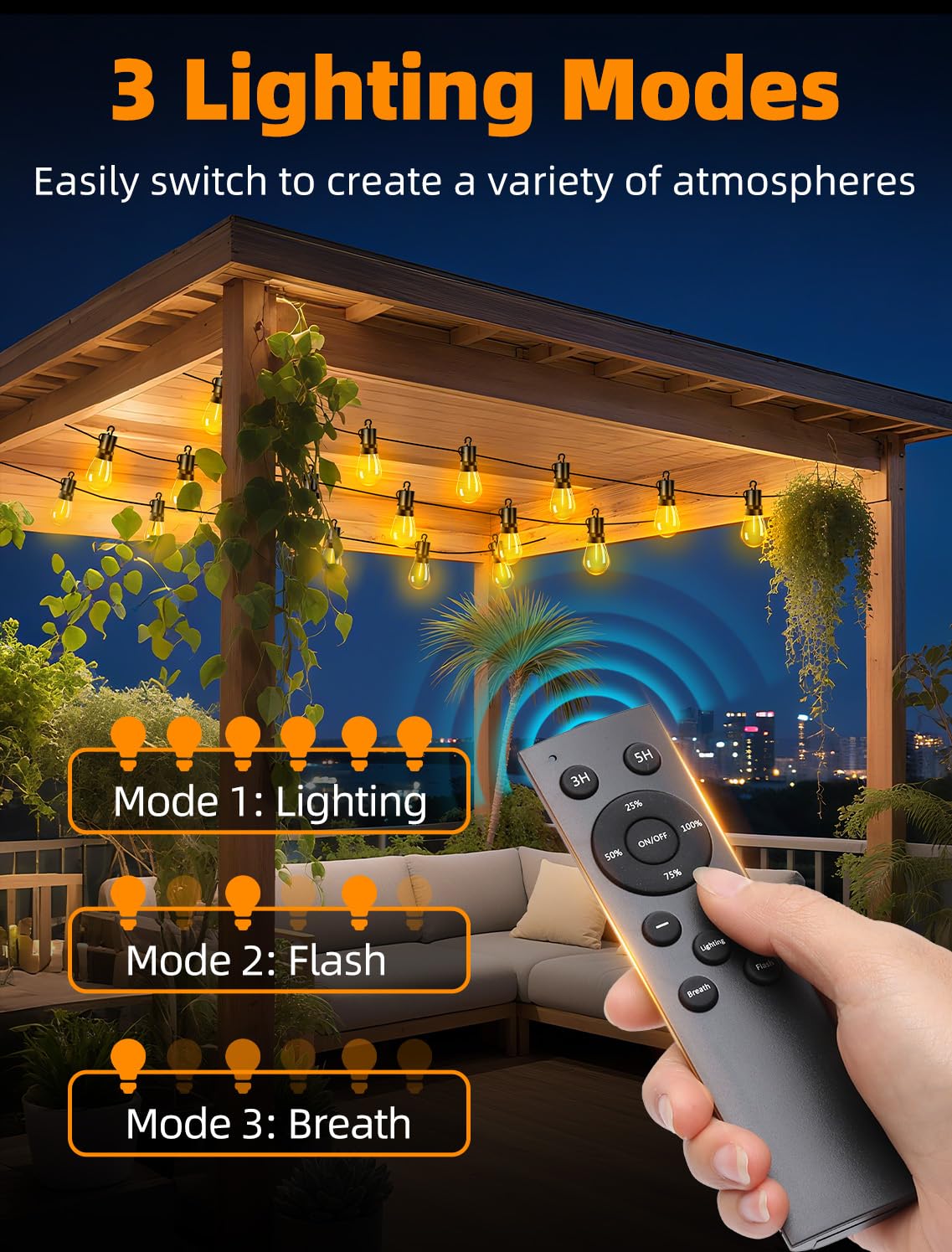 Vozuji Outdoor Patio String Lights: S14 Shatterproof Bulb Outside Waterproof Light - 50Ft 15M Remote Dimmable Connectable Hanging Outdoor Electric Lighting - Garden Backyard Yard Gazebo Porch Party