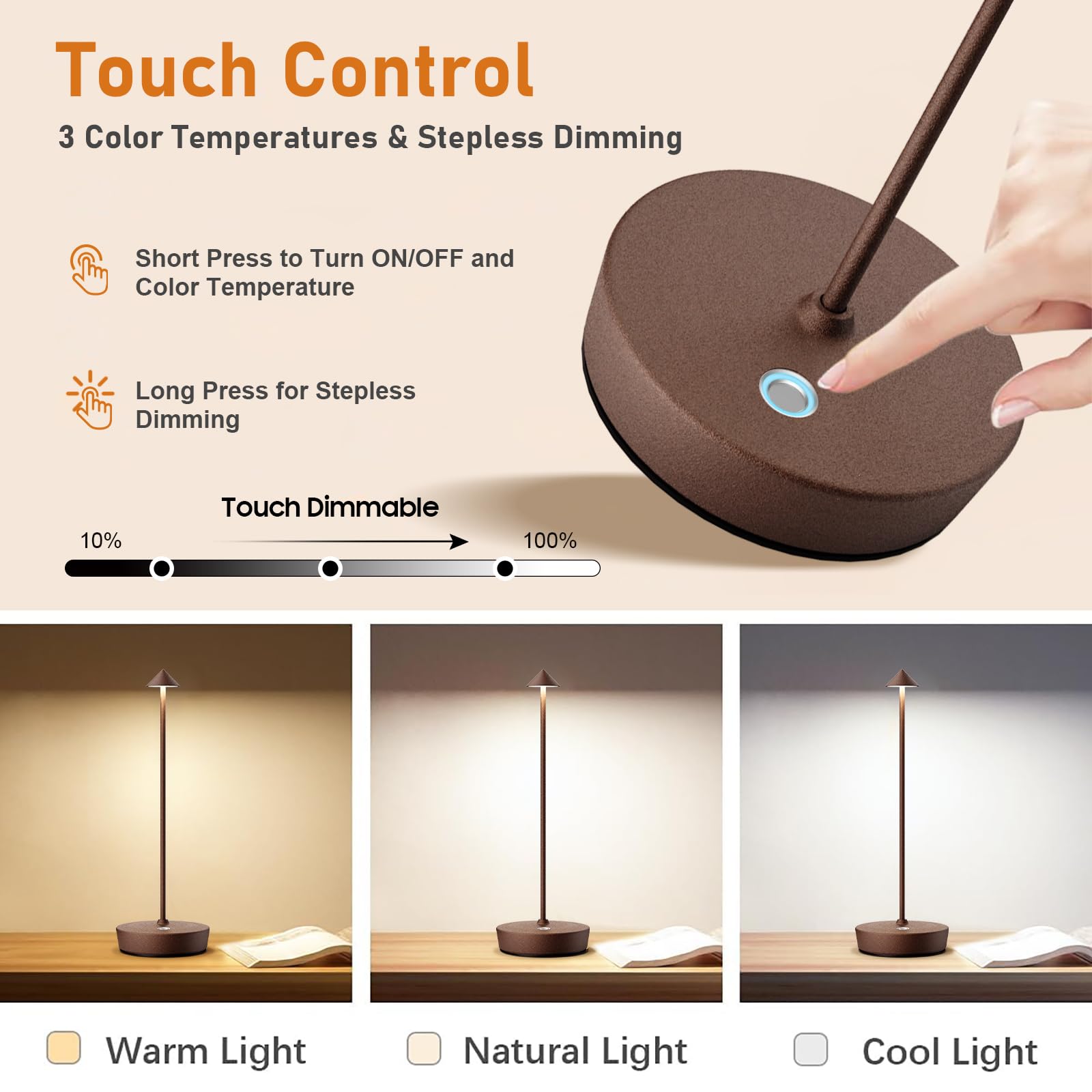 Tpczqj Rechargeable Cordless Table Lamp, 6000Mah Led Battery Operated Desk Lamp Touch 3 Color Stepless Dimming Portable Outdoor