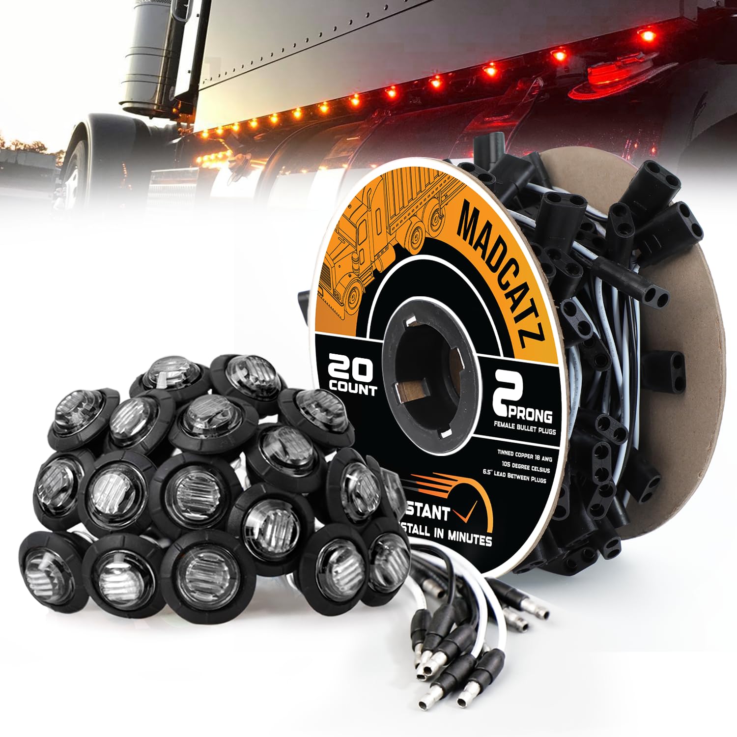 MADCATZ 20 Pcs 3/4 Mini Round Smoked Lens 10 Amber + 10 Red Side Marker Lights 3LED with Projectile Connector Plug + 2 Prong 20 Female Plugs - 6.5 inch Lead for Truck Trailer Pickup 12V DC