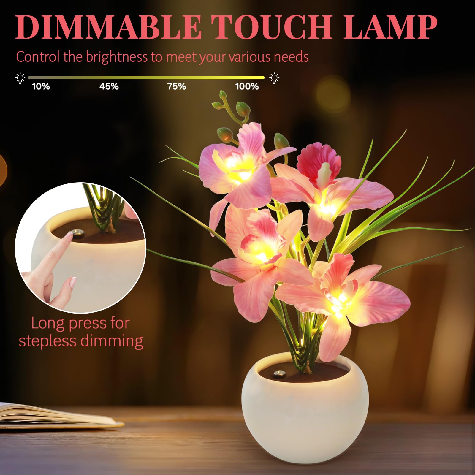 Strackvial Artificial Flower Night Light, Touch Stepless Dimming Usb Rechargeable Pink Orchid Flower With Vase Lamp, Led Desktop