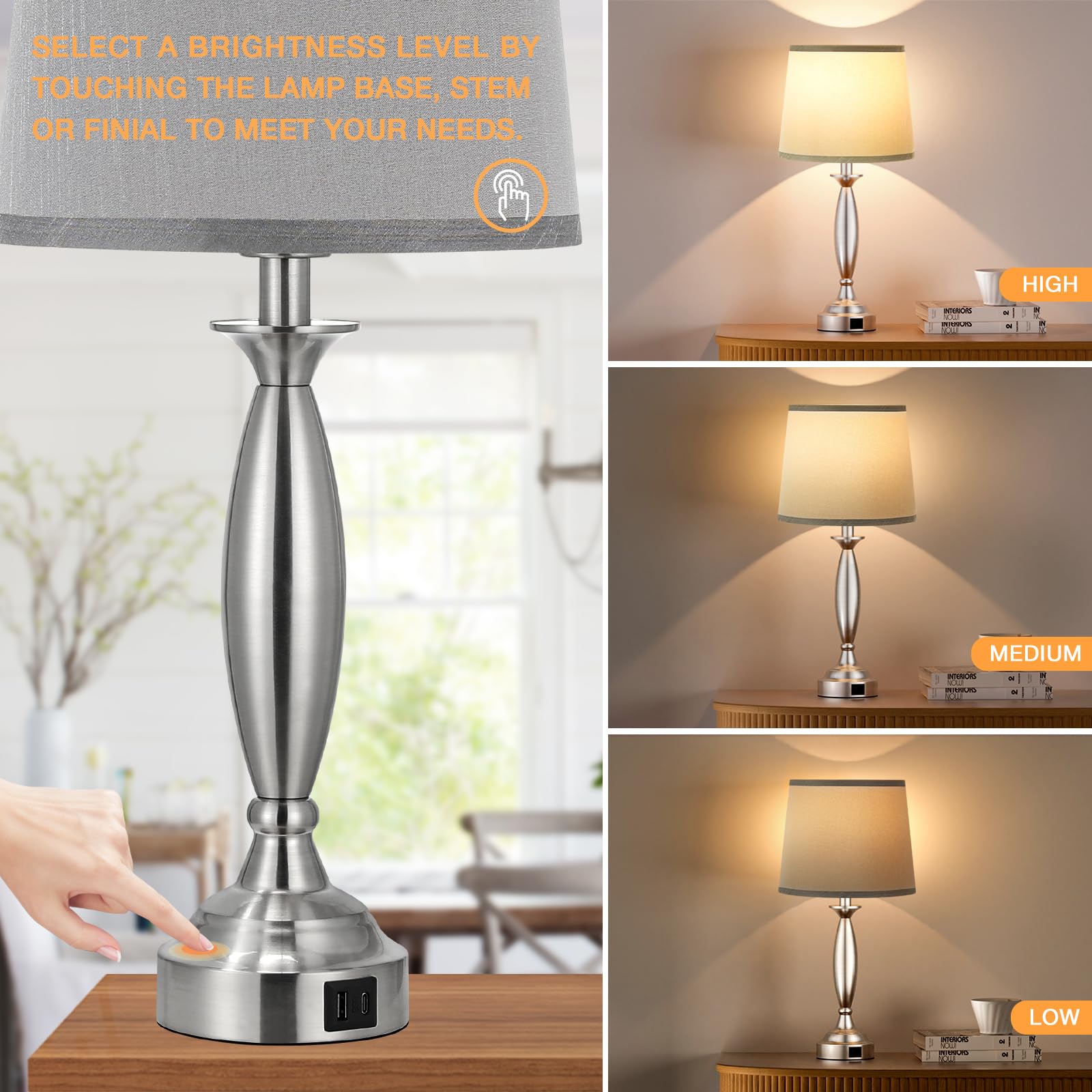 Seealle Touch Control Bedside Lamp Set of 2, 3 Way Dimmable, Metal, 22.5in, A. Grey Shade and Nickel Base