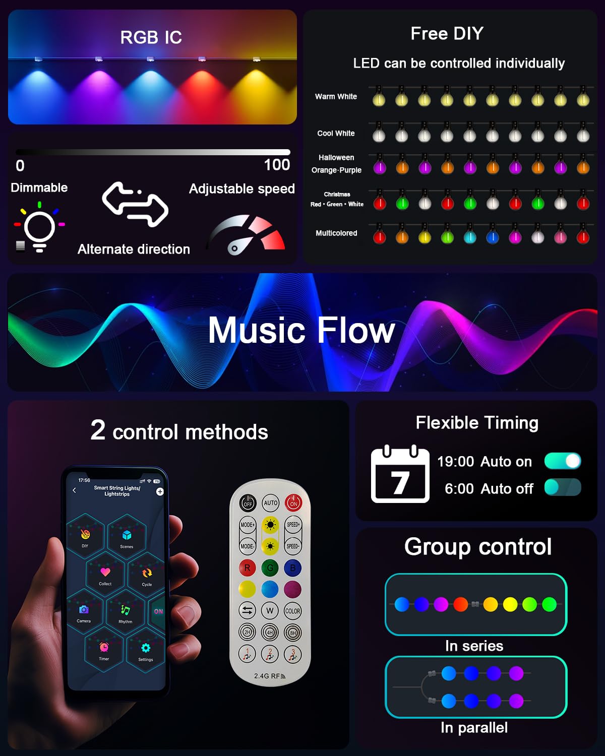 Super RGB Outdoor Lights, 200Ft 120LED, Smart RGB-IC, Remote & App Control, Multicolor & White, PVC, Black