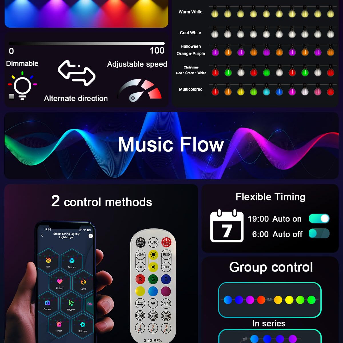 Super RGB 33Ft Smart RGB-IC Outdoor Lights, 20 LEDs, Black PVC, Remote ...