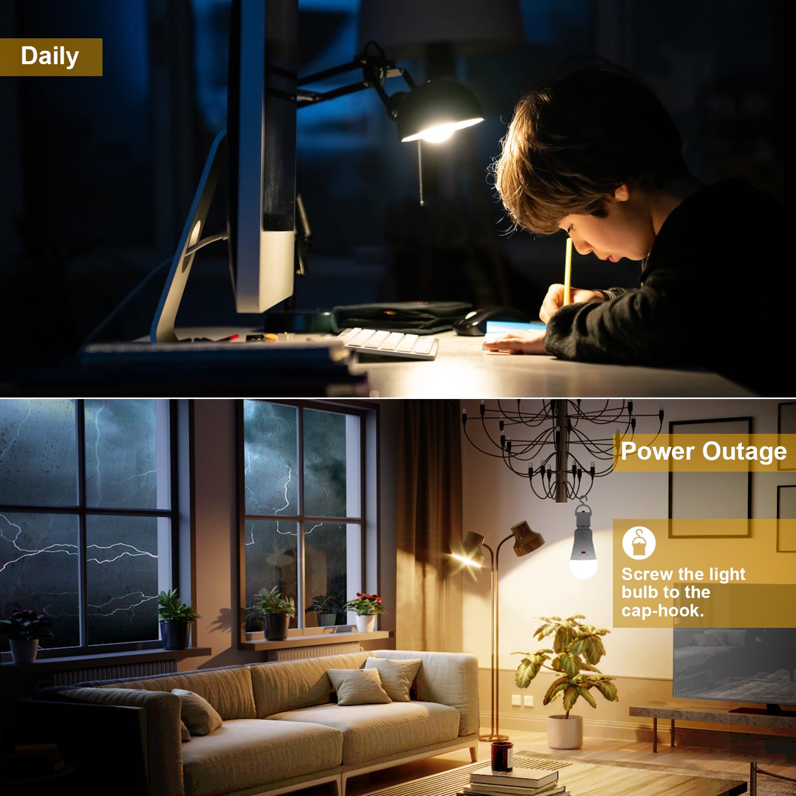 Emotionlite Emergency Light Bulb, 1800mAh Battery, 3 Brightness Levels, Warm White, 3 Pack, E26 Base, Ideal for Power Outages and Camping