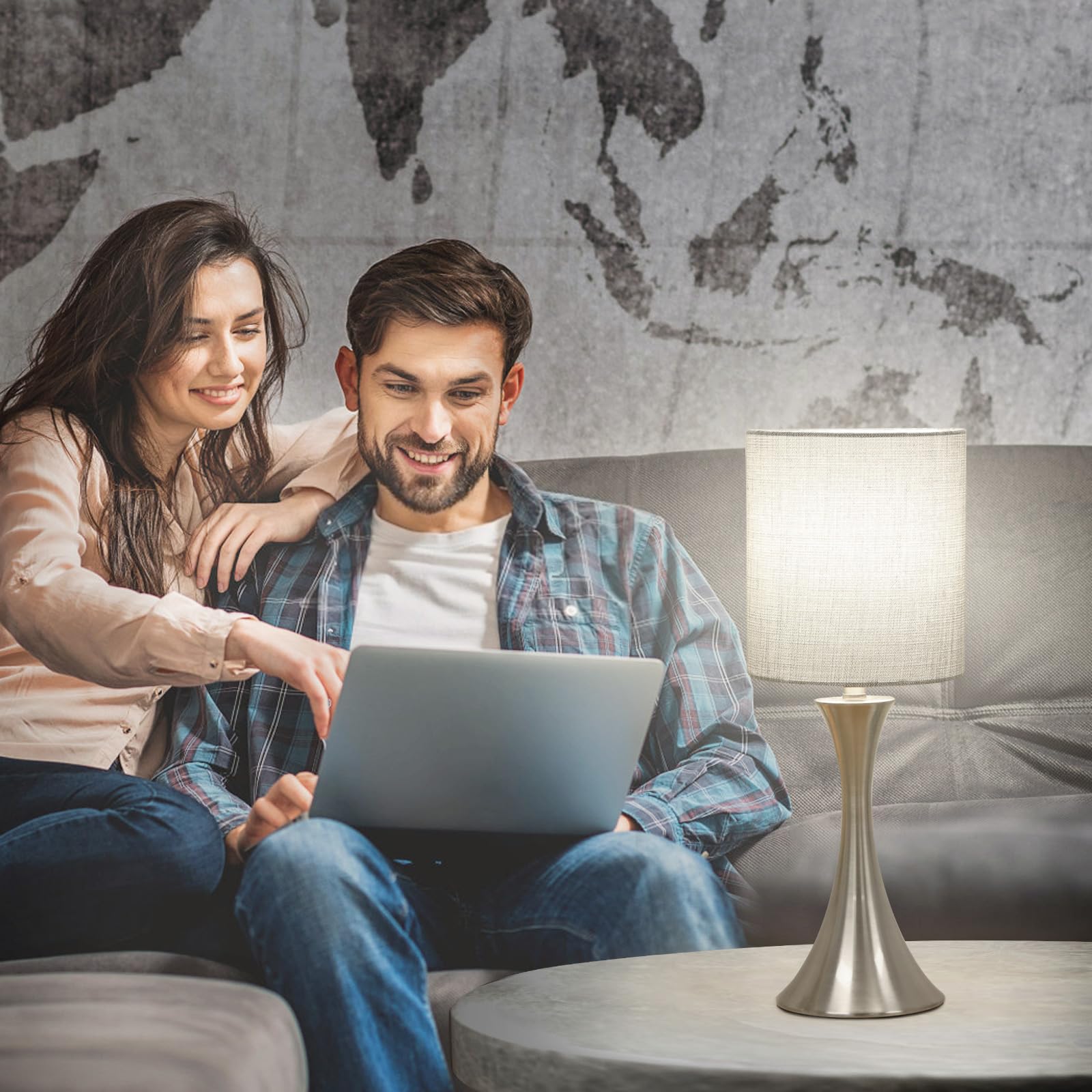 Seaside Village 3 Way Touch Control Table Lamp, Dimmable, Silver Base, Gray Shade, Modern Design for Bedroom, Living Room, Office, Model 13047