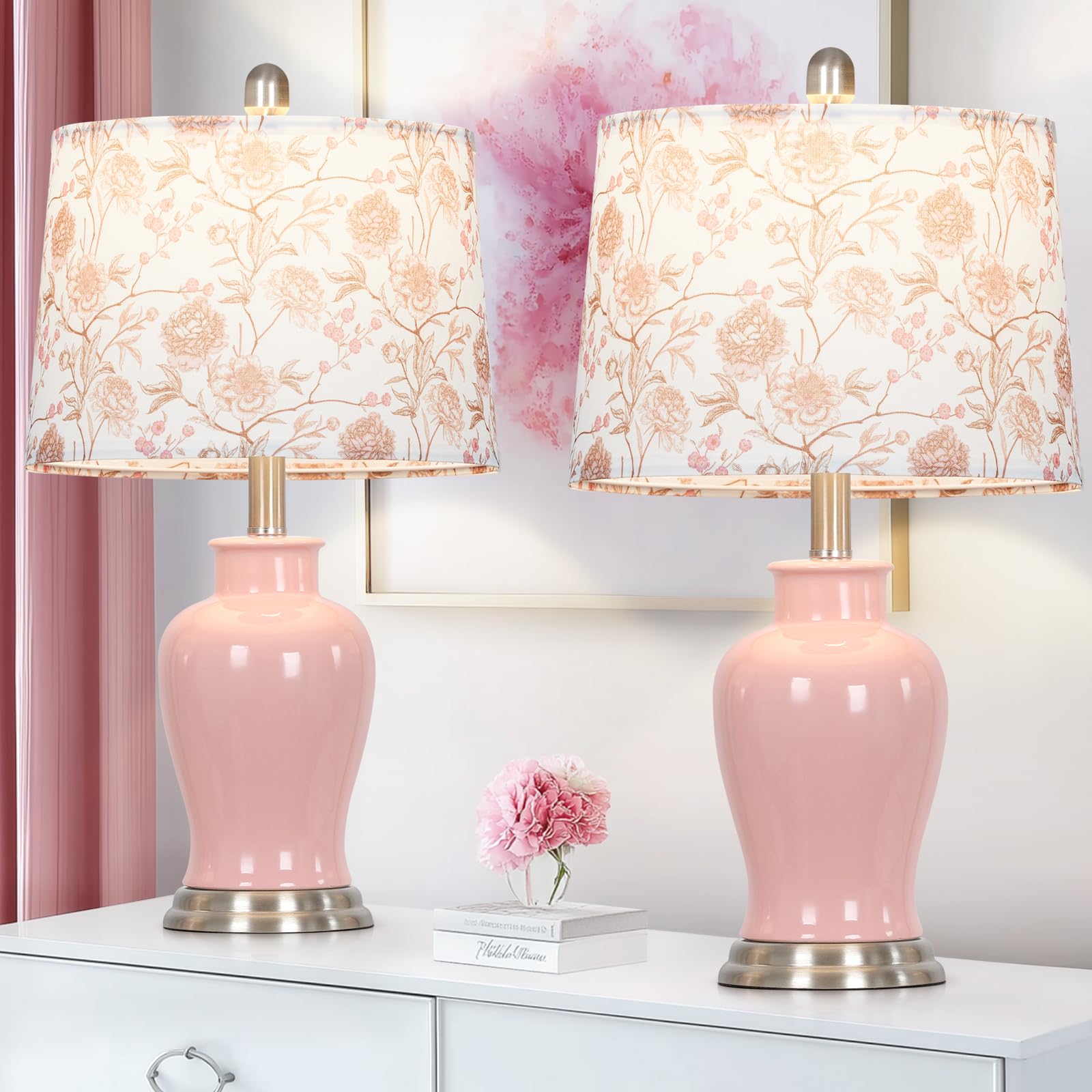 Ruzectt Pink Ceramic Table Lamp with Flower Lampshade  23 Cute Bedroom Lamp with Ginger Jar Design  Modern Living Room Lamps Set 2  Elegant Bedside Lamps for Nightstand End Table Home Decor