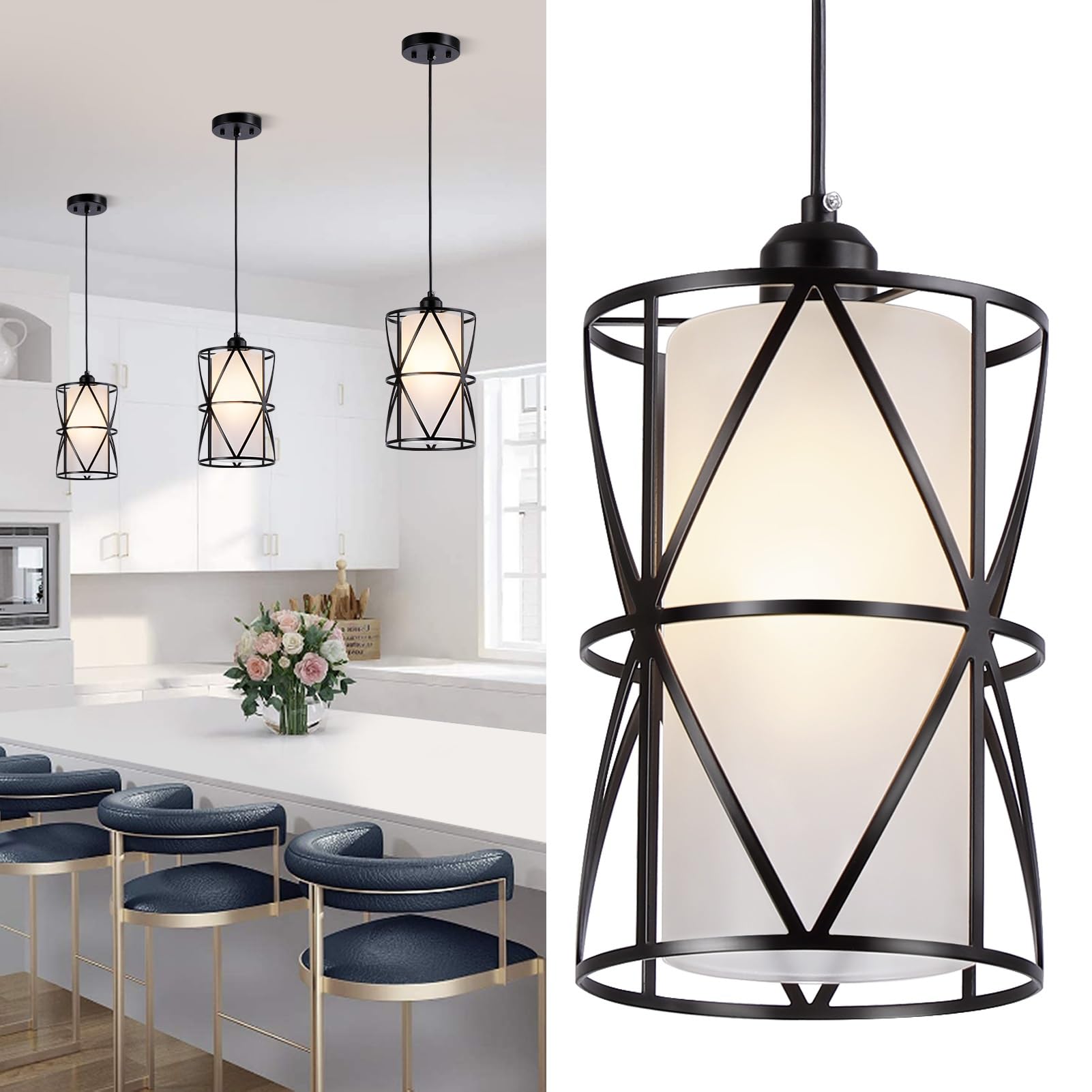 Zlierop Pendant Lights With Frosted Glass, Matte Black Pendant Lighting Kitchen Island, Cylindrical Pendant Light Fixtures, Modern Kitchen Island Lighting, Pendant Light For Foyer, Entryway-Large