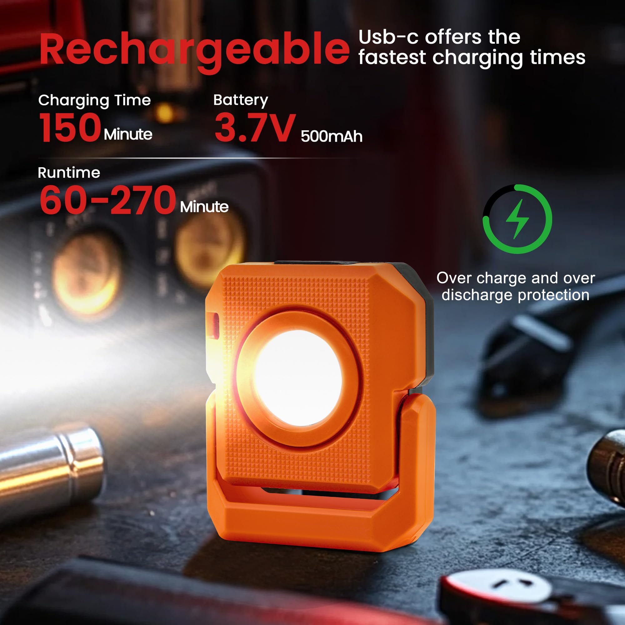 LAIMITTOS Mini Keychain Flashlight, 500 Lumens, Rechargeable, 4 Light Modes, Magnetic, Black & Orange