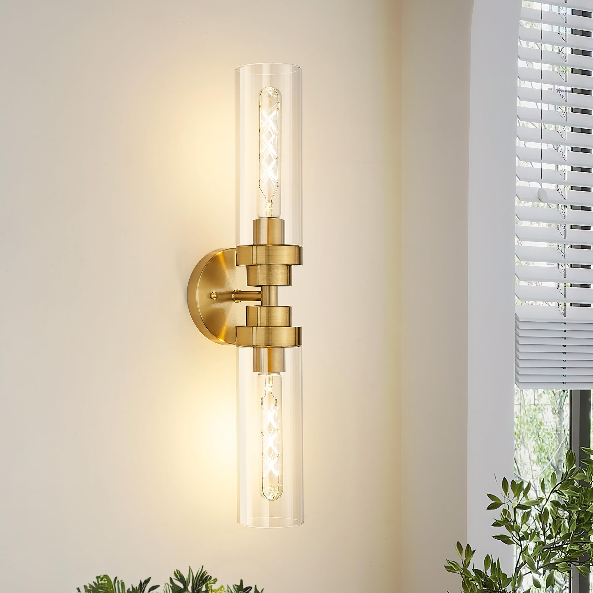 Emak 2-Light Bathroom Vanity Light Fixtures, Modern 22 Inch Brushed Gold Vanity Lights With Clear Glass Shade, Cylinder Wall Sco