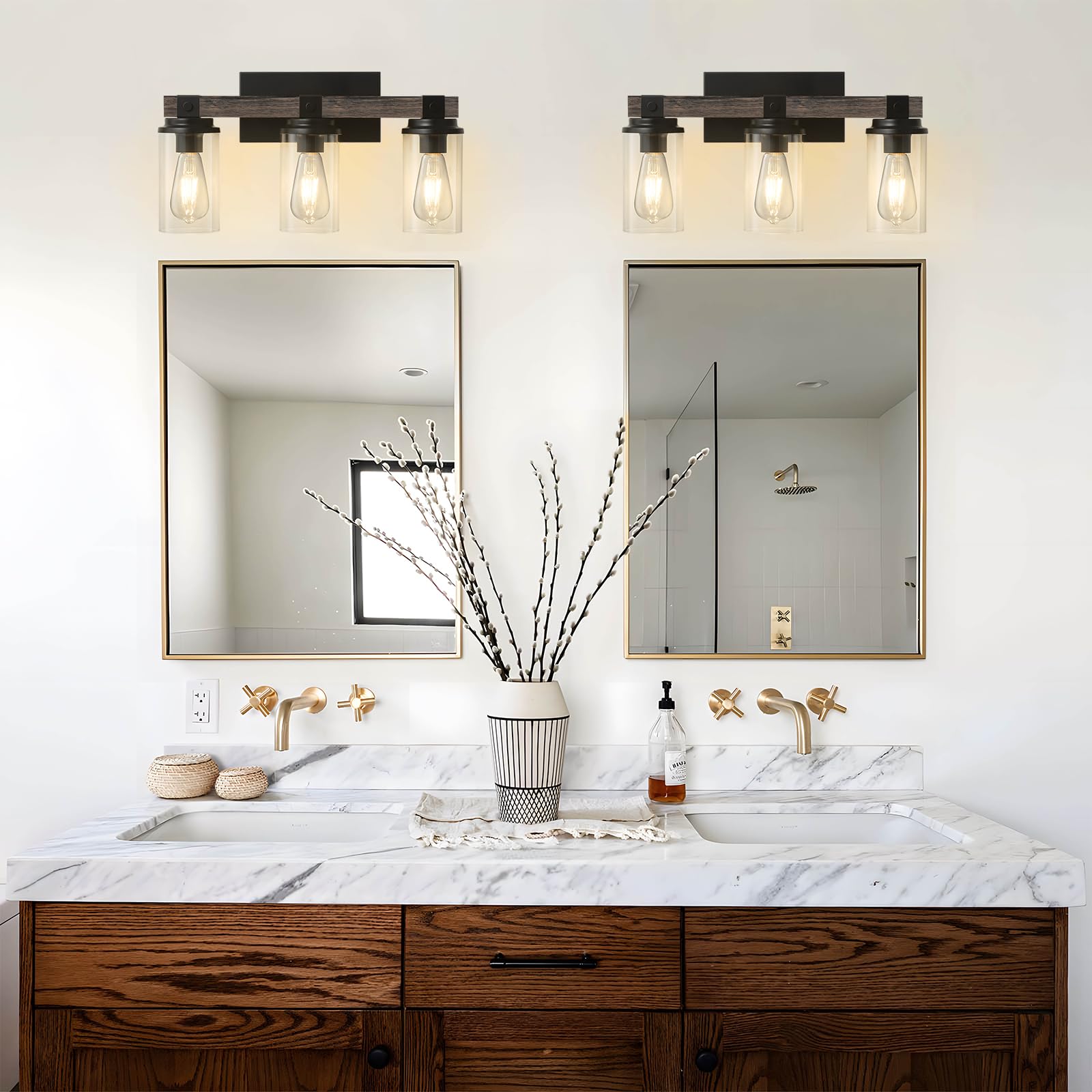 Goyeel 3-Light Bathroom Vanity Light, Rustic Wooden Farmhouse Sconces For Mirror, Matte Black