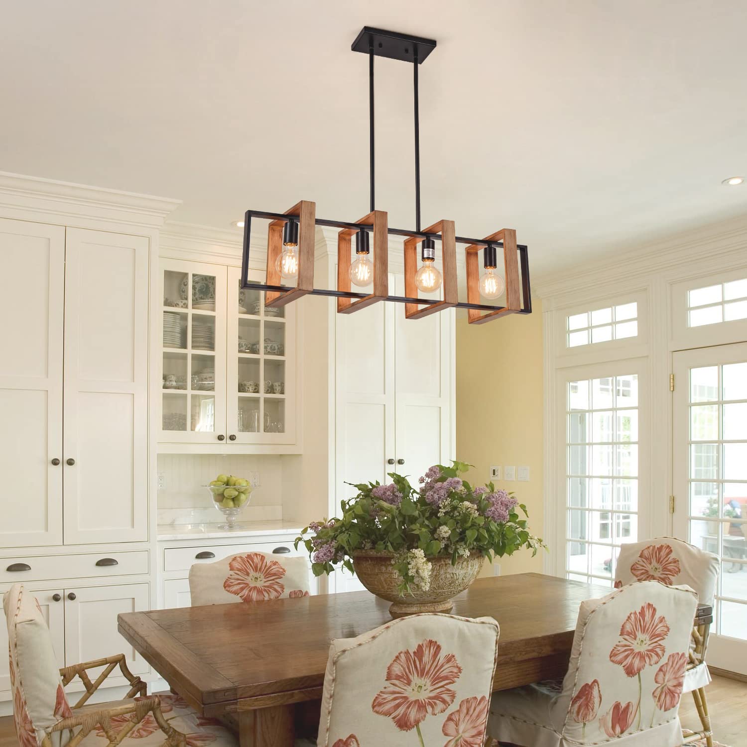 Poroulux Farmhouse Pendant Light Fixture, 4 Lights Rectangular Chandelier, Wood & Black Metal, 35.4" Kitchen Island Lighting, 1001 Series