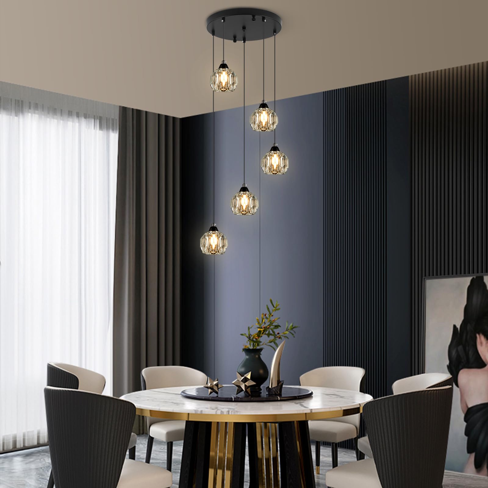 Weesalife 5-Light Black Crystal Chandelier Pendant Light Fixture for Dining Room, Living Room, Kitchen, Foyer, Model A8818