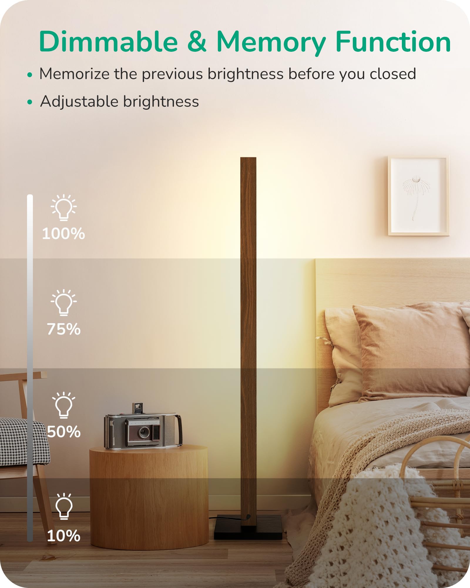 EDISHINE Mid Century Modern Floor Lamp, Dimmable LED, Remote Control, Light Brown, 48.43", Engineered Wood, Model HBFL02V
