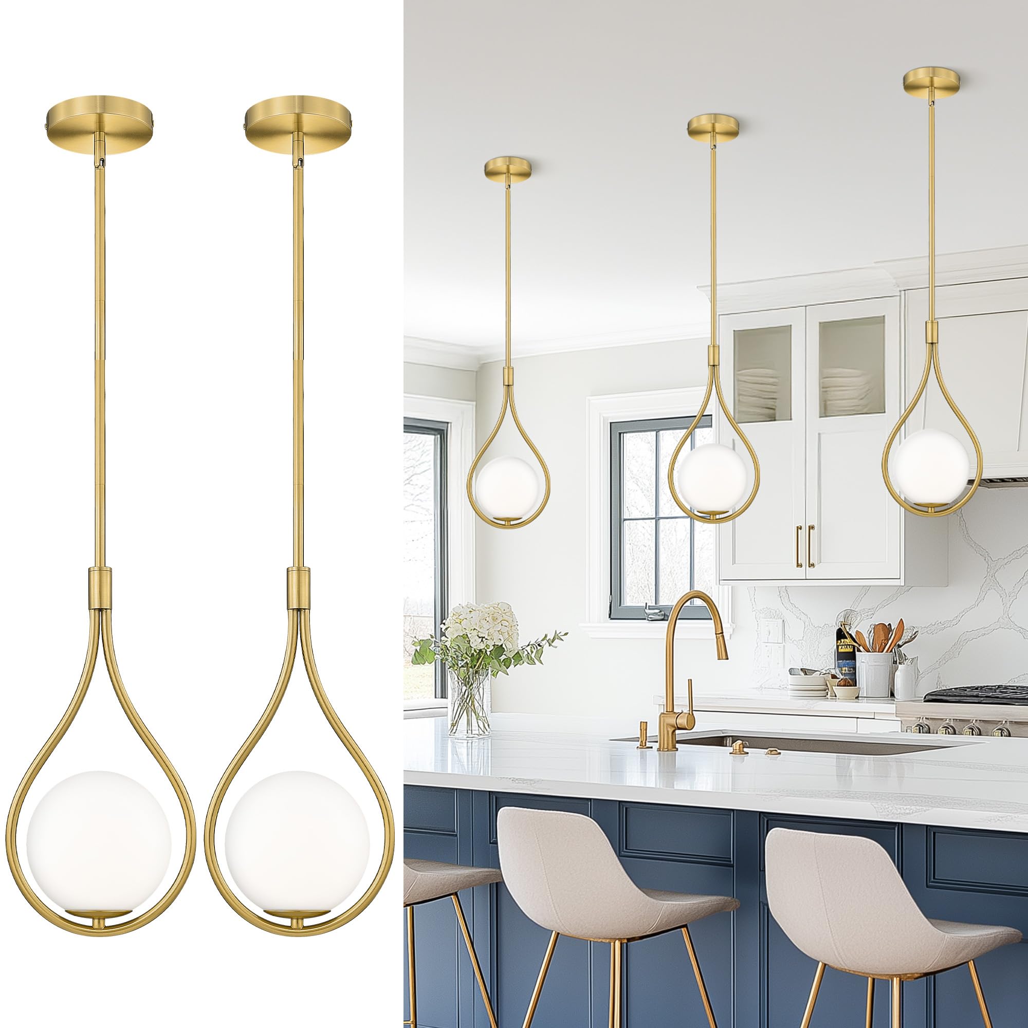 AUTELO 2 Pack Pendant Lights, Pendant Lights Kitchen Island in Brushed Gold Finish with Milky White Globe Glass, Gold Pendant Li