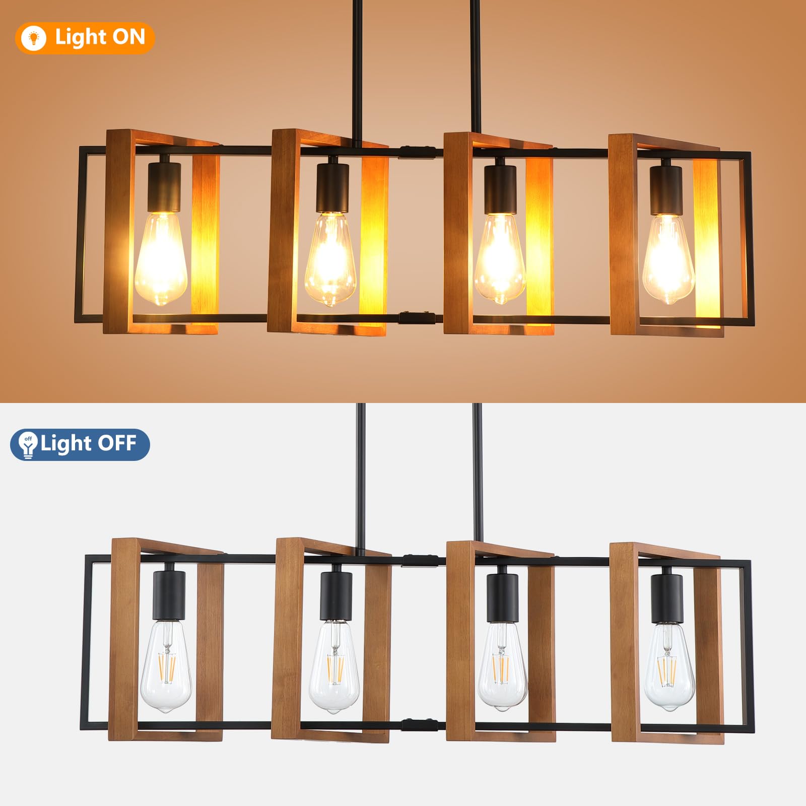 9MMML 4-Light Kitchen Island Chandelier, Wooden Frame, Black Metal Finish, Model P2028-04-WD