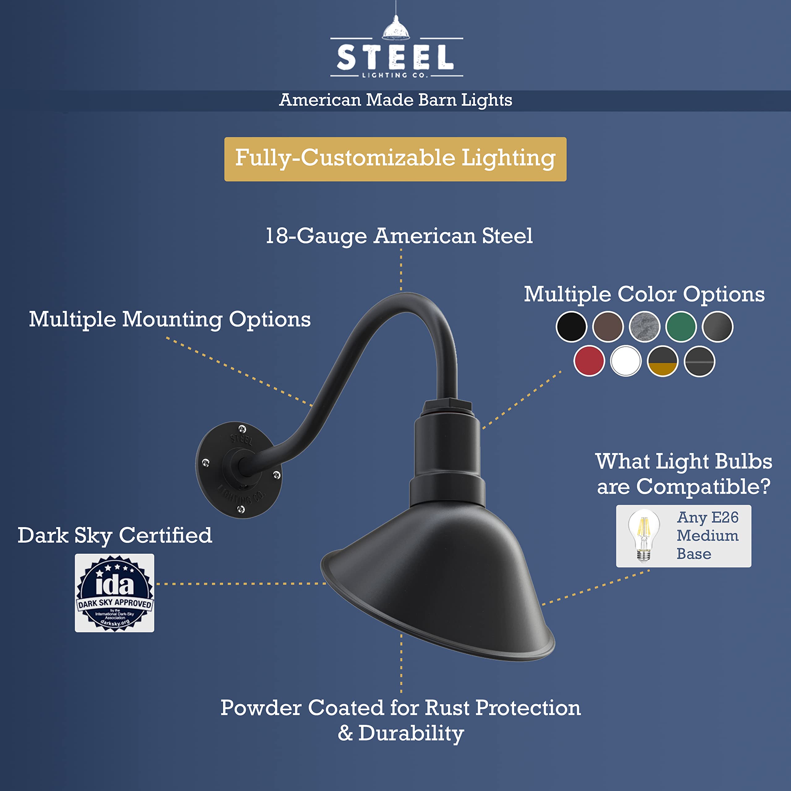 Steel Lighting Co. Venice Outdoor Sign Light - 9&quot; Dome, 23&quot; Gooseneck, Black/White, Made In