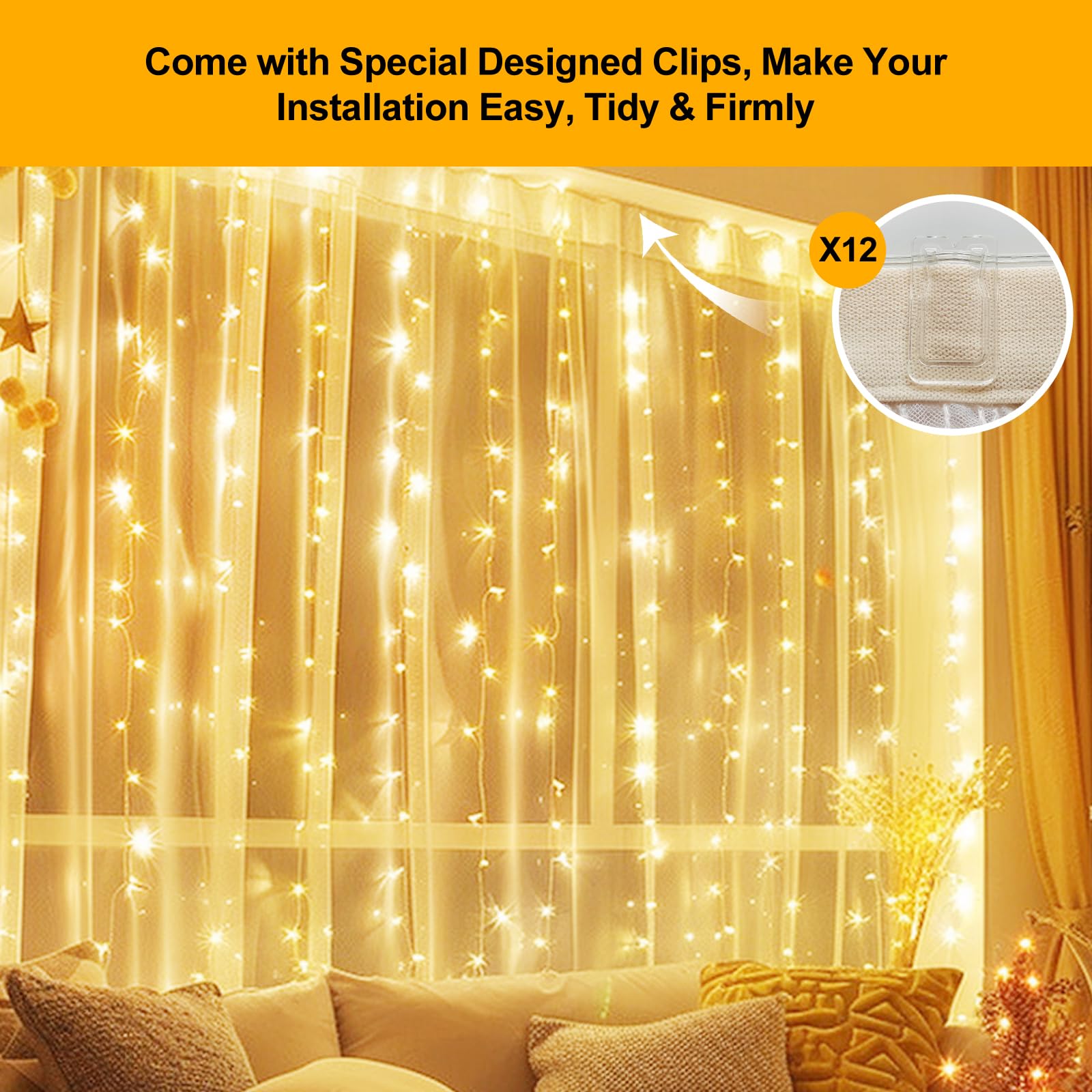 HOLITS Fairy Curtain Lights - 100% Tangle-Free Warm White USB Lights, 10 x 6.6 FT, 8 Modes, Model DIDCL02B, Perfect for Indoor/Outdoor