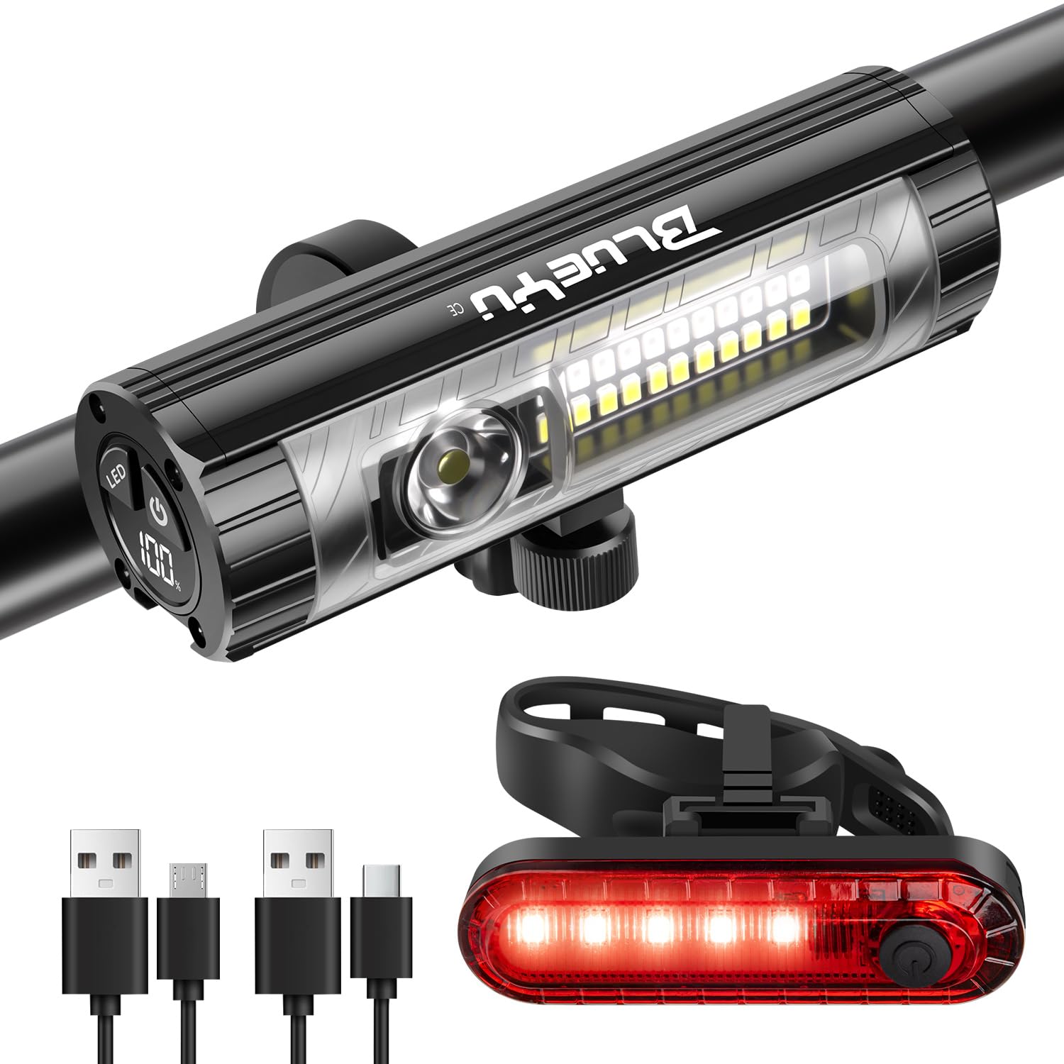 BlueYu Bike Light Set for Night Riding  Super Bright Rechargeable LED Bicycle Light (High Beam/Low Beam)+Taillight  Waterproof Bike Light Headlight for Mountain Road Commuting For Mature Userss Kids