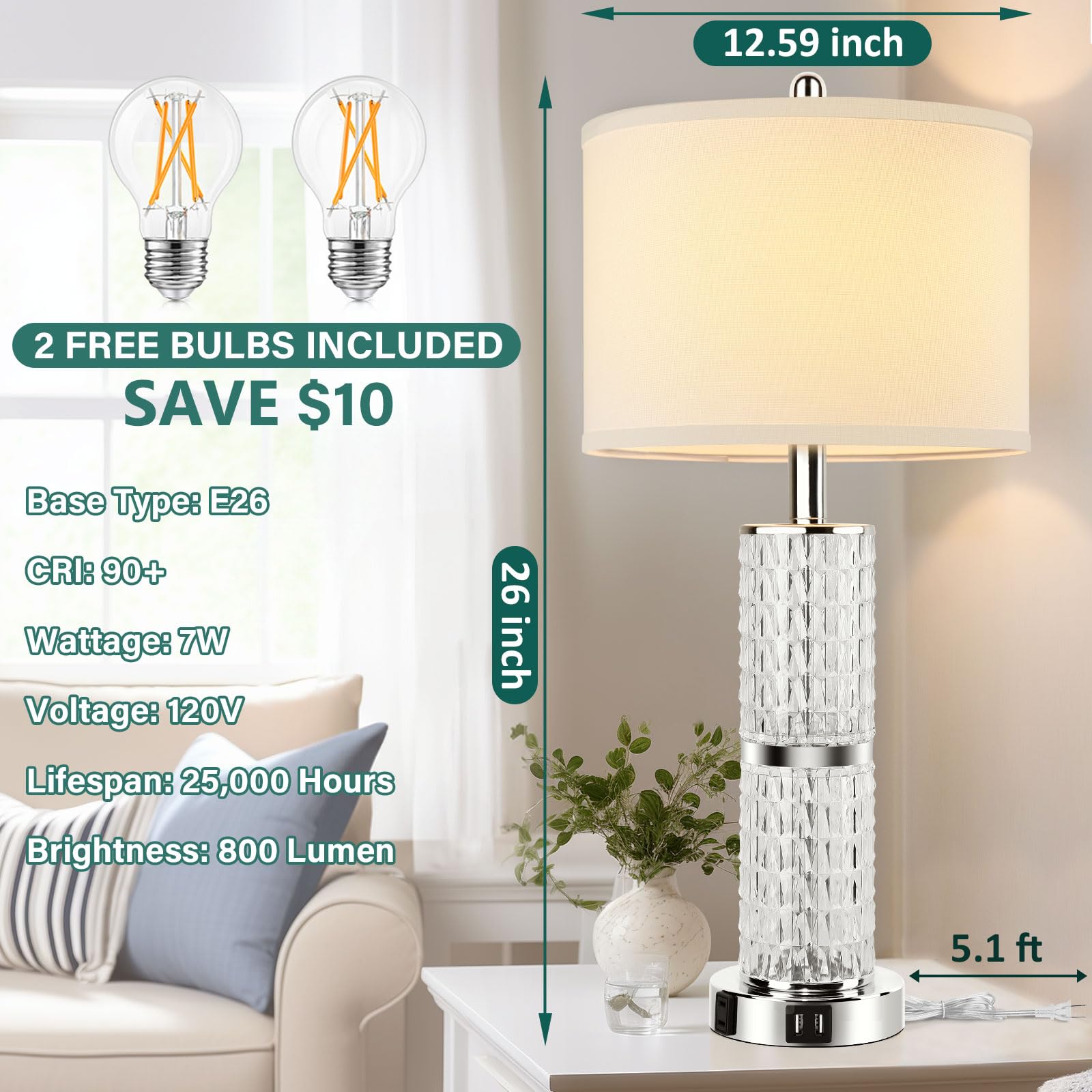 Gobright 3-Way Touch Control Crystal Table Lamps Set Of 2 With Usb Ports & Ac Outlets, 26&quot; Tall