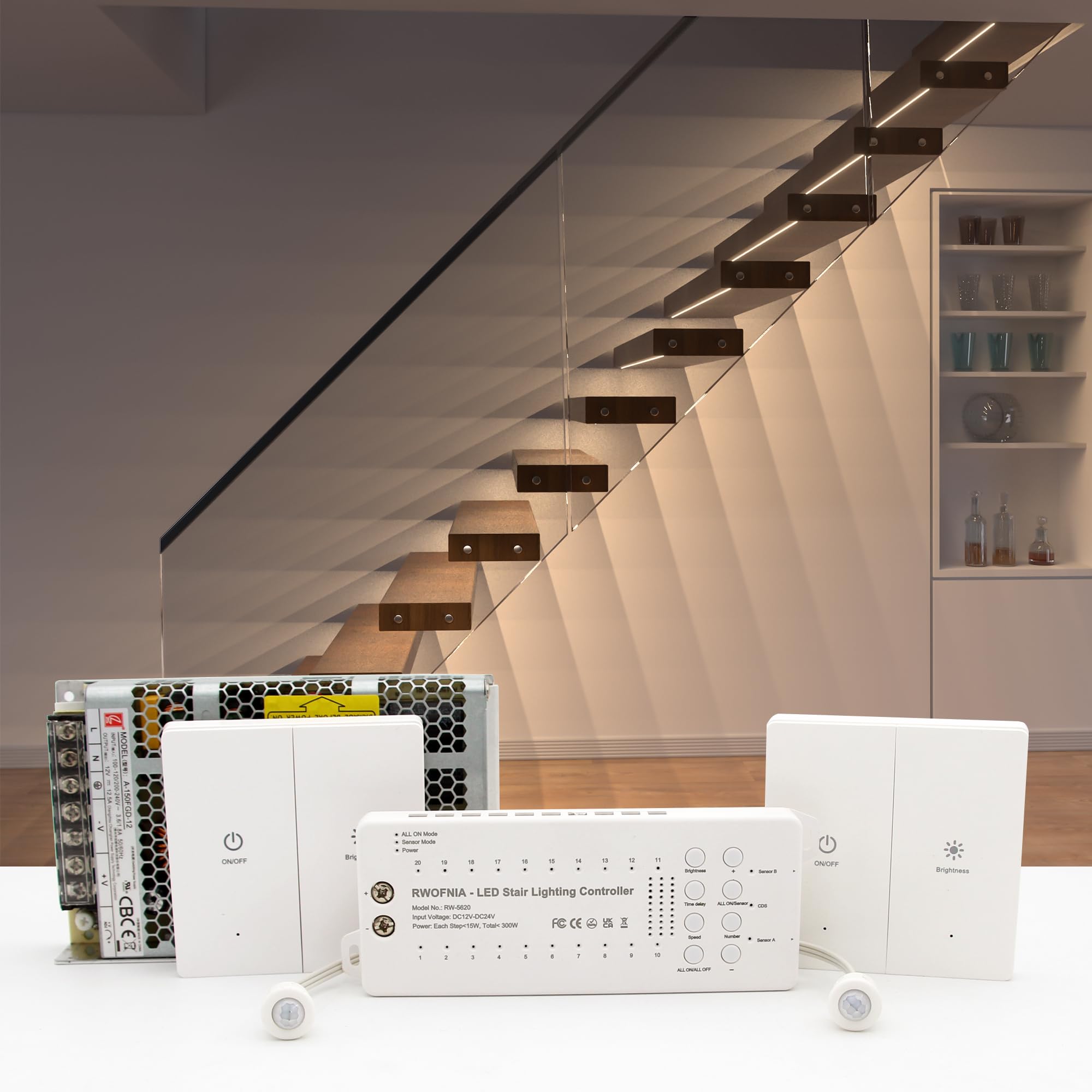 RWOFNIA Wall Switch Control and Motion Sensor LED Stair Lighting Kit RW-5620  40 Inches Long Cuttable LED Light for Indoor LED Stair Lights (Warm White 3000K  12 Stairs)