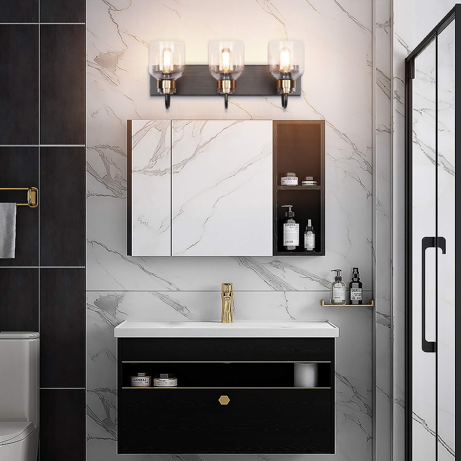 PRESDE 3-Light Vintage Bathroom Vanity Light Fixture - Oil Rubbed Bronze with Glass Globes