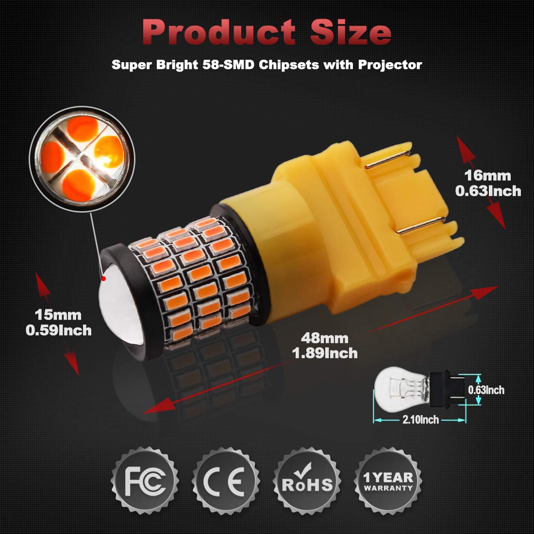 Yorkim 3157 LED Bulb, Amber Turn Signal Light, Pack of 2, Compatible with 3156/3157/3056/3057/4057 Models