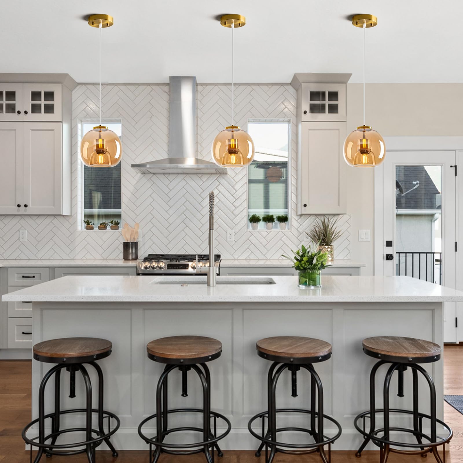 Lbsqj Amber Glass Pendant Lights Kitchen Island Gold Hanging Light Fixture Glass Globe Pendant Light Modern Pendant Lighting For Kitchen Island Bedroom Dining Room (7.87  1 Pack)