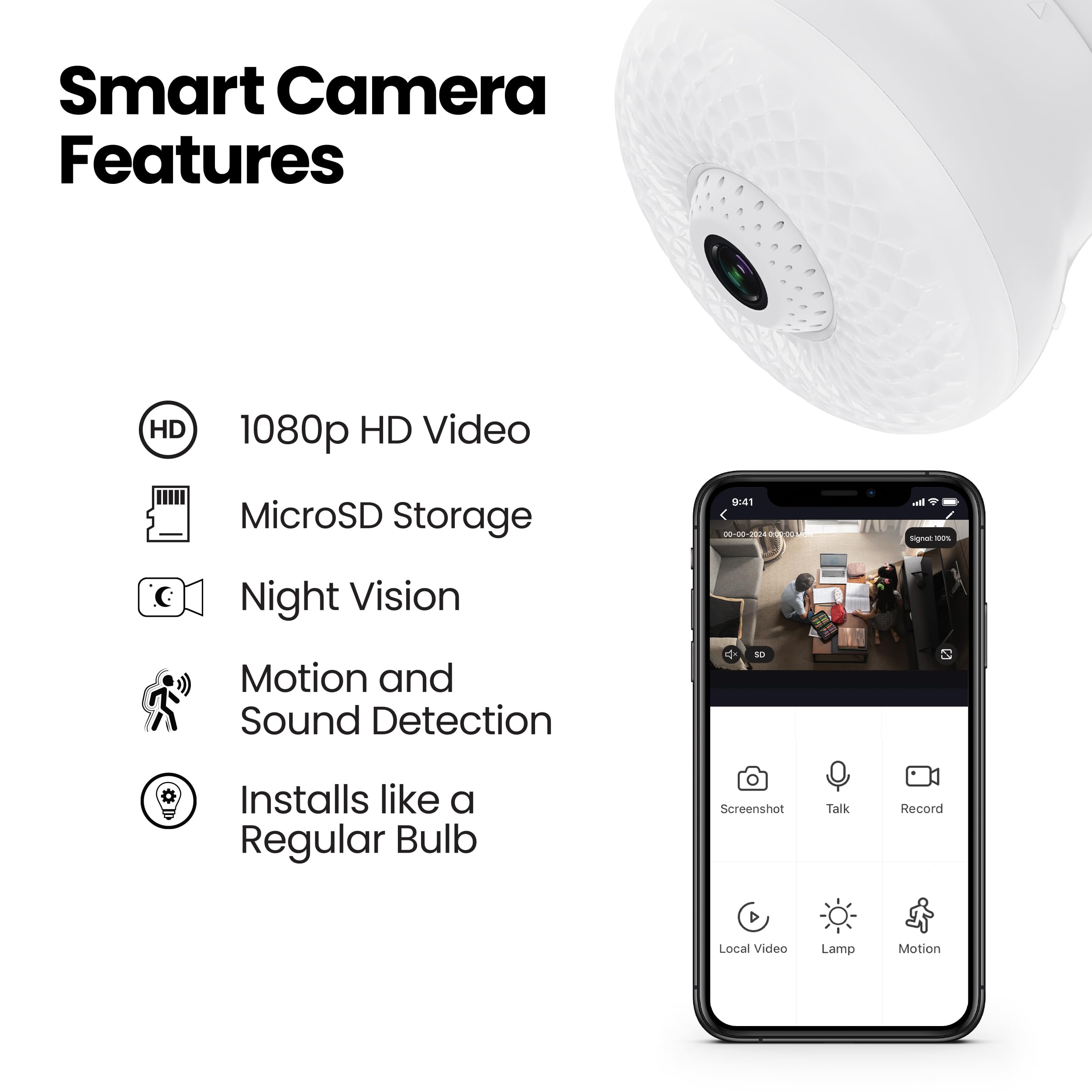 Feit Electric Smart Rotating Light Bulb with Camera, Motion Sensor, 40W Equivalent, E26 Base, 5000K Daylight, White, A450/850/CAMWIFI