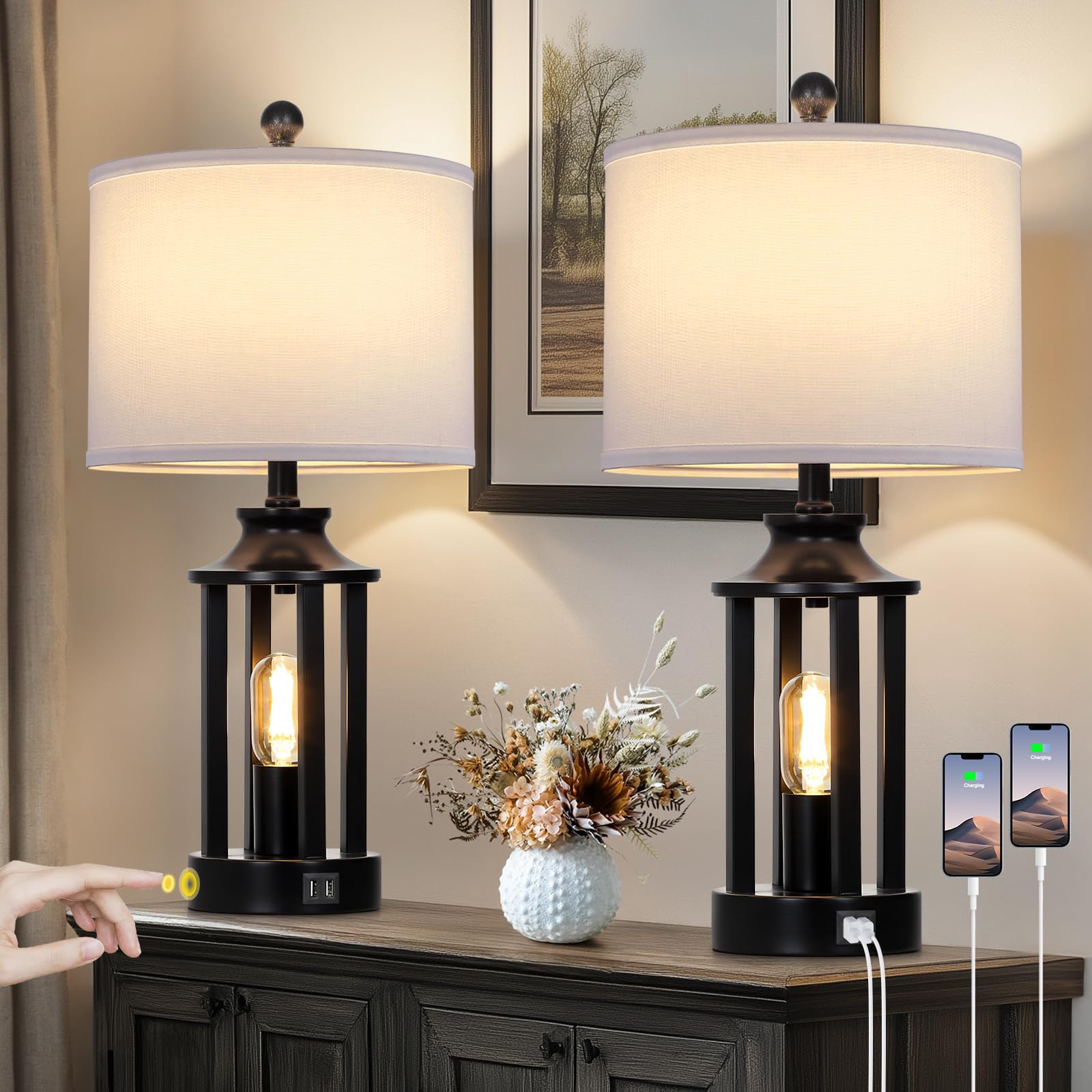 Ruzectt Touch Control Farmhouse Table Lamp Set of 2 with 2 USB Ports, 3 Way Dimmable Bedside Lamps with 2 LED Nightlight,Rustic 