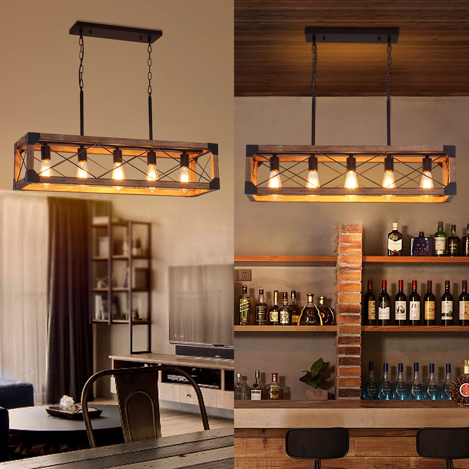 Airposta Farmhouse Linear Chandelier, 33.5" 5-Light Pendant Light, Rustic Wood Grain Finish, Brown, for Dining Room and Pool Table