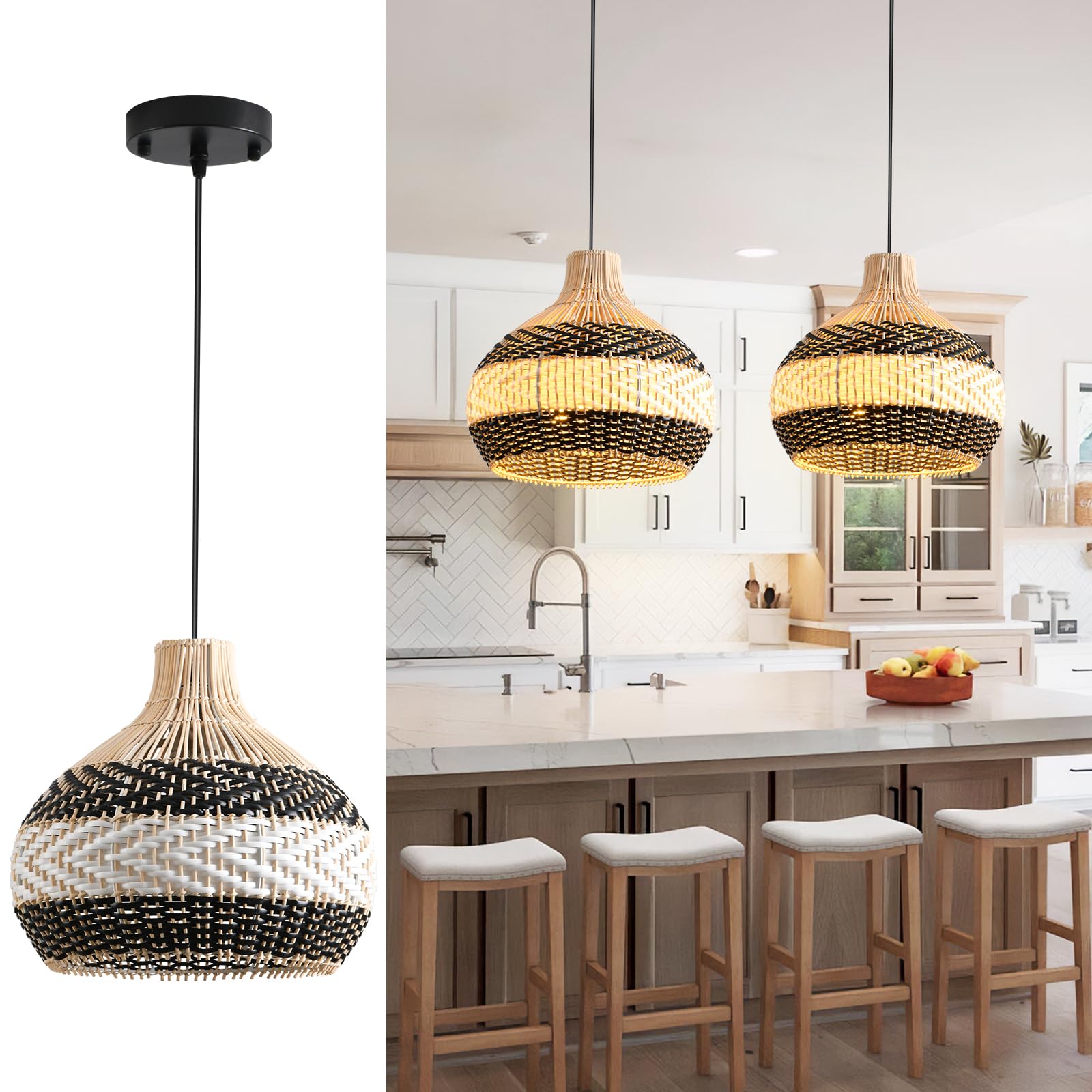 Teru Ji Kaikang 3-Lightrattan Pendant Light,15" Hand-Woven Black White Faux Rattan Hanging Light Boho Basket Wicker Chandelier,For Living Room Bedroom Kitchen Dining Hallway