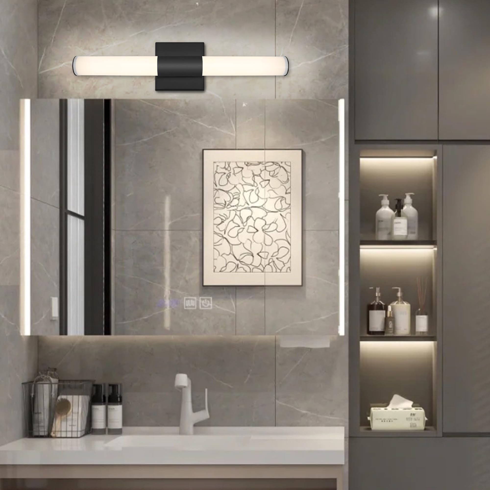 YHTlaeh LED Bathroom Vanity Light Fixture, 19.68in Black, Polished Chrome, Daylight White 4500K, Model 6110