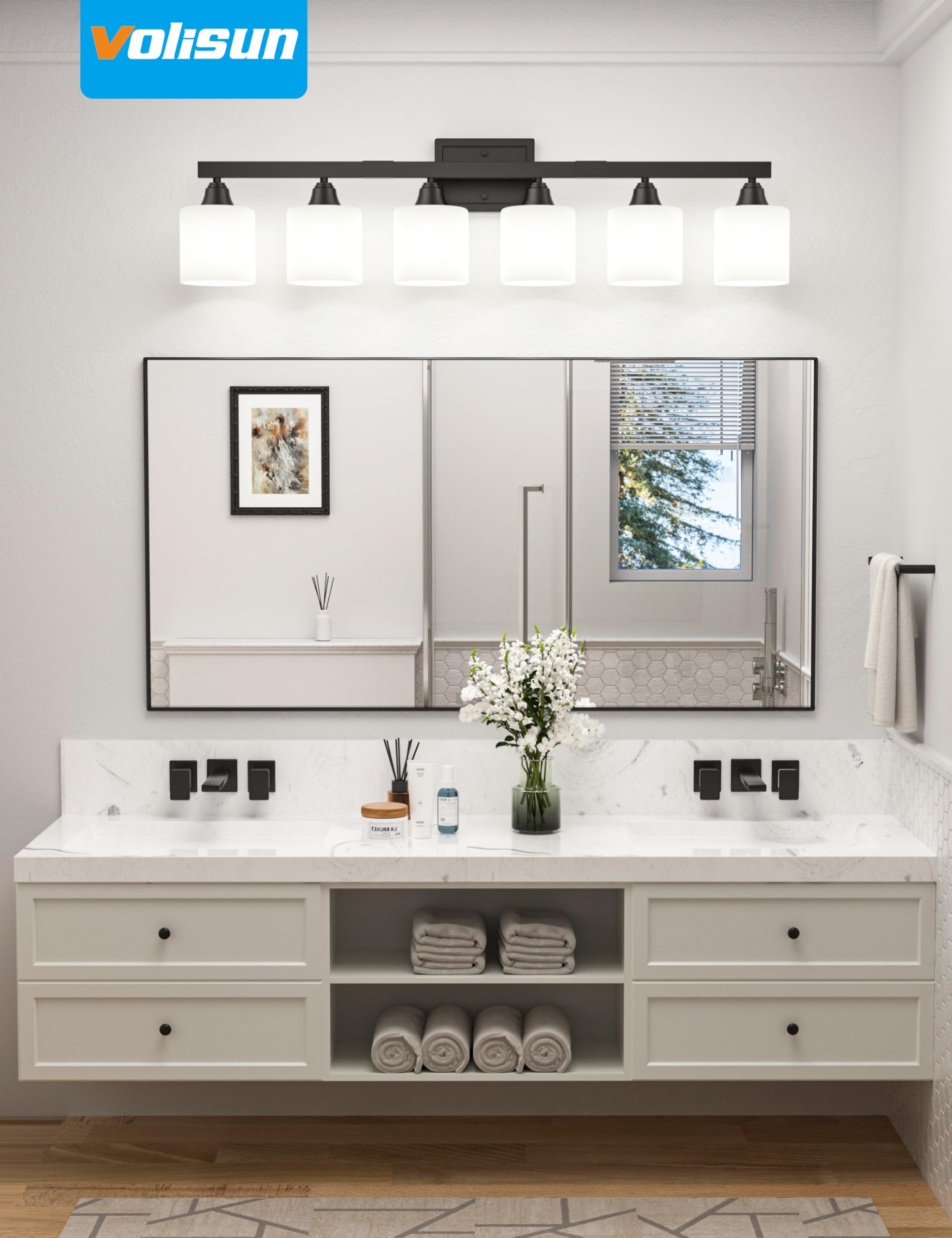 VOLISUN 6-Light Bathroom Vanity Light Fixture, Matte Black Metal, Frosted Glass Shades, Model SW016W