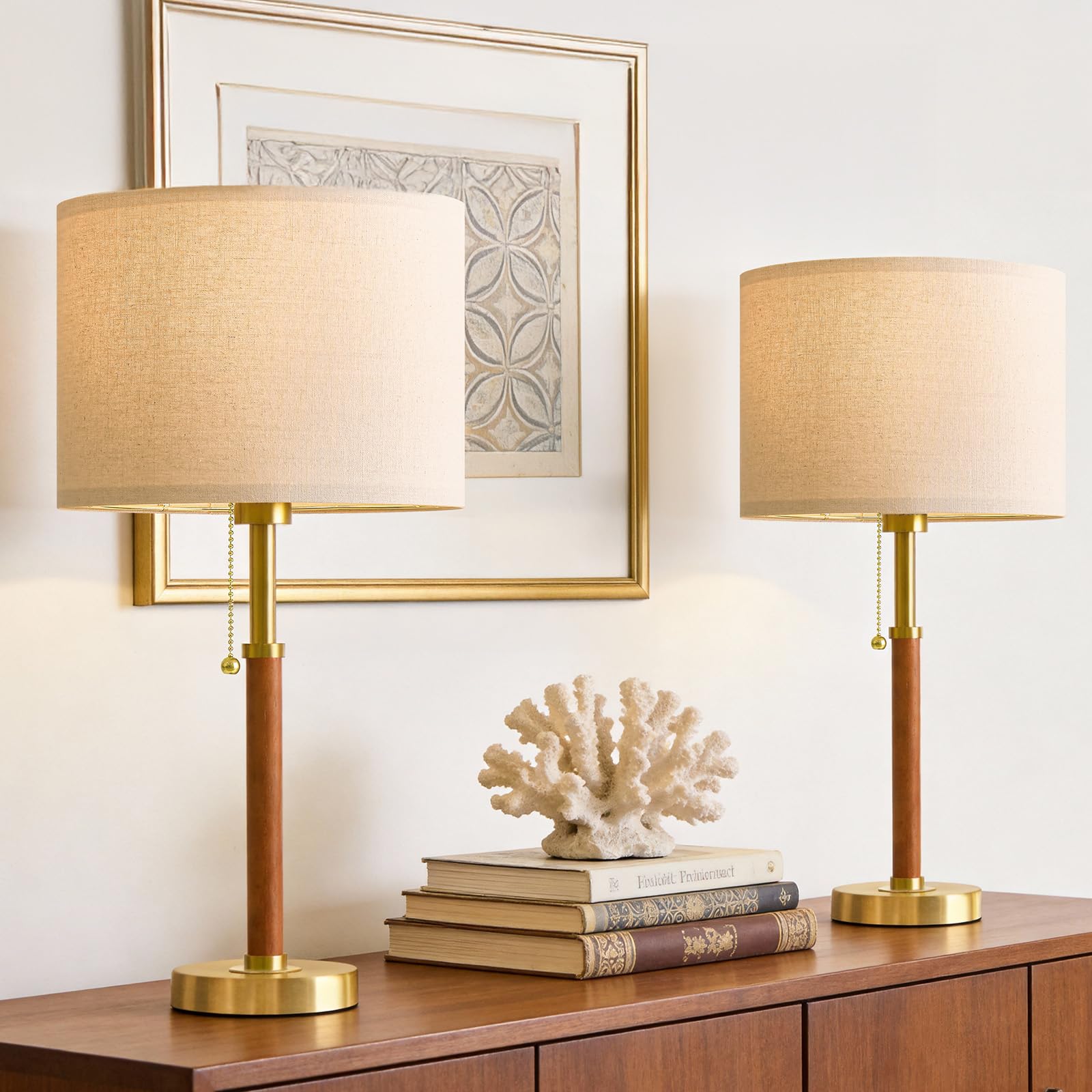 G-SAFAVA 22 Wood Table Lamps Mid Century Modern Lamp for Bedroom Living Room Bedside Lamps for Night Stands Nightstand Lamp with Pull Chain Gold Small Side End Table Lamps Set of 2 Vintage Deco Gifts
