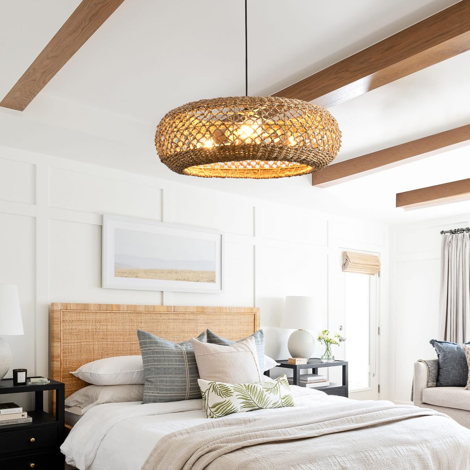 Lhjihfu 3- Lights 20.1'' Rattan Hanging Pendant Light Fixture, Handmade Woven Wicker Bohemian Pendant For Kitchen Island Bedroom