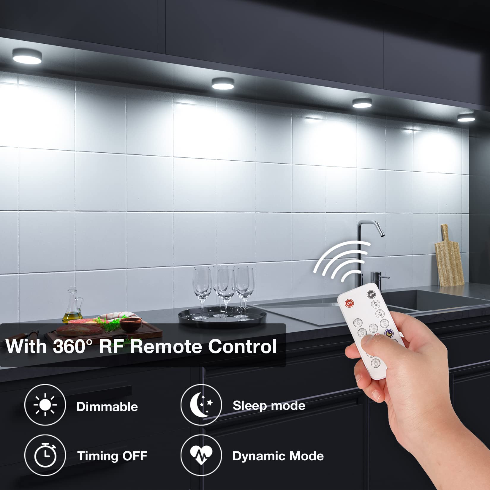 Wobane Led Cabinet Puck Lighting Kit, 4 Super Bright Puck Lights, 9W 700Lumens, Remote Control, Dimmable Counter Lighting For Ki