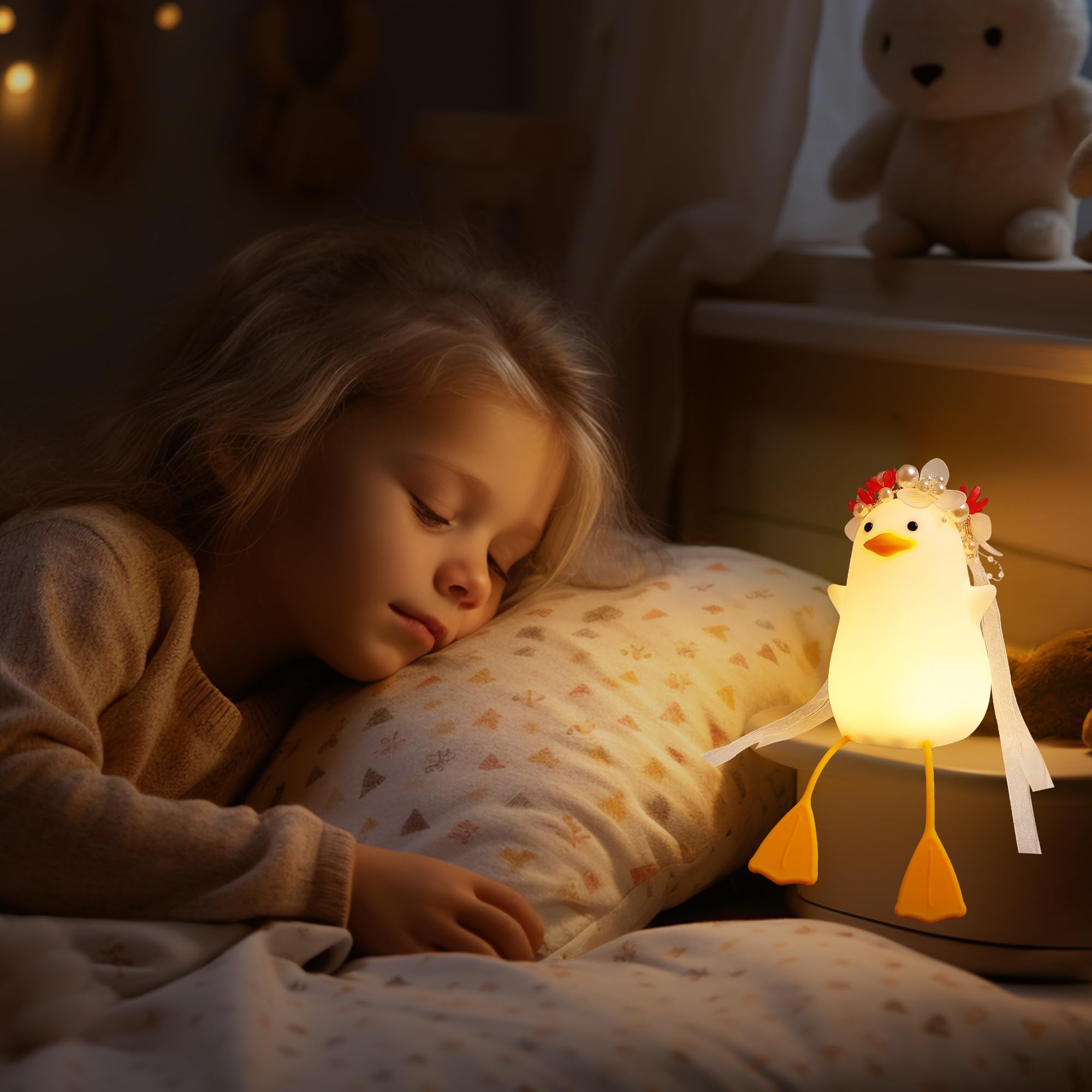 Hinittey Benson Bride Duck Night Light - Cute Duck Lamp With Flower Headpiece, Warm Dimming Light & Timer Room, Birthday, Xmas,