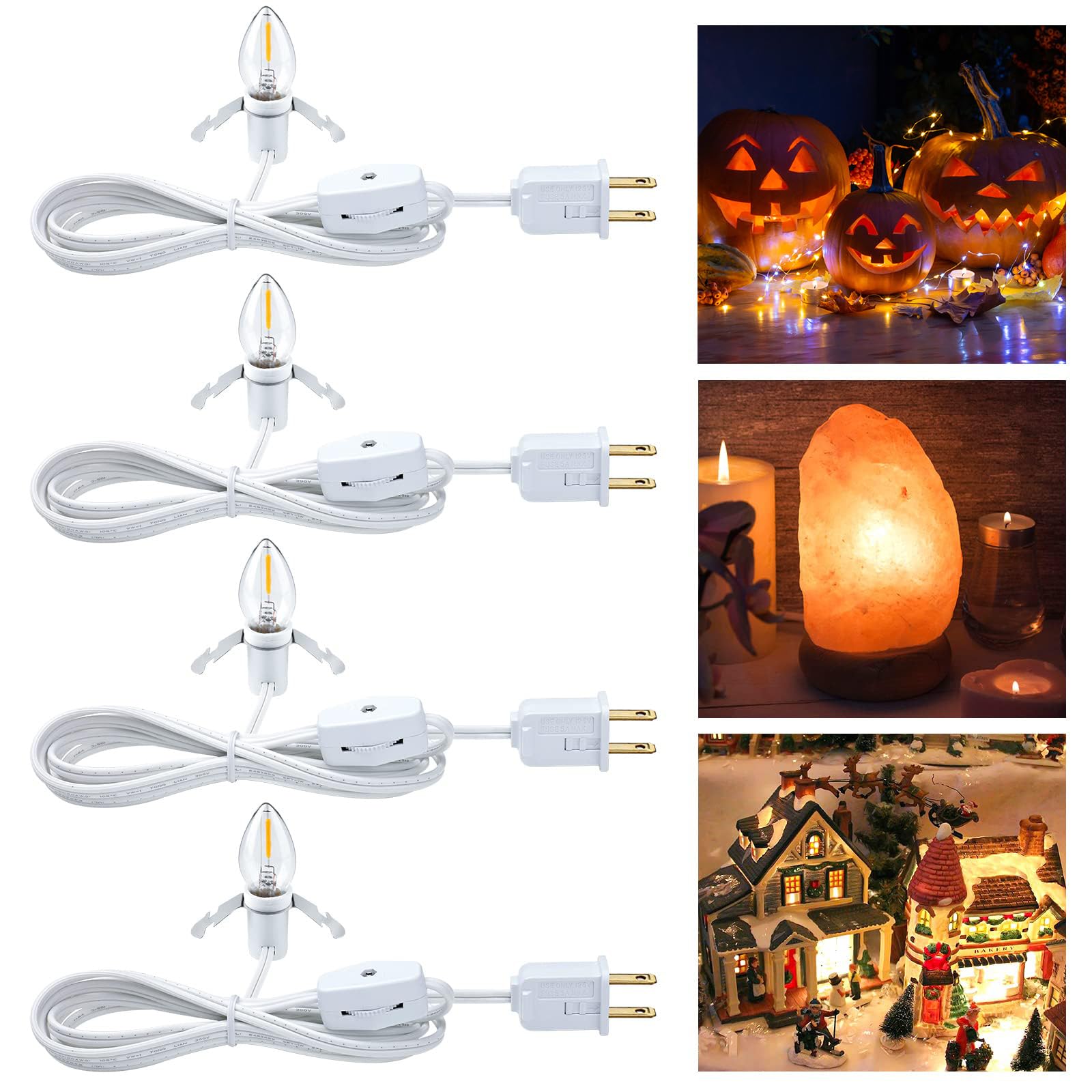 Brightown Accessory Cord with On/Off Switch, UL-Listed, White, 4 Pack, Includes One LED Bulb