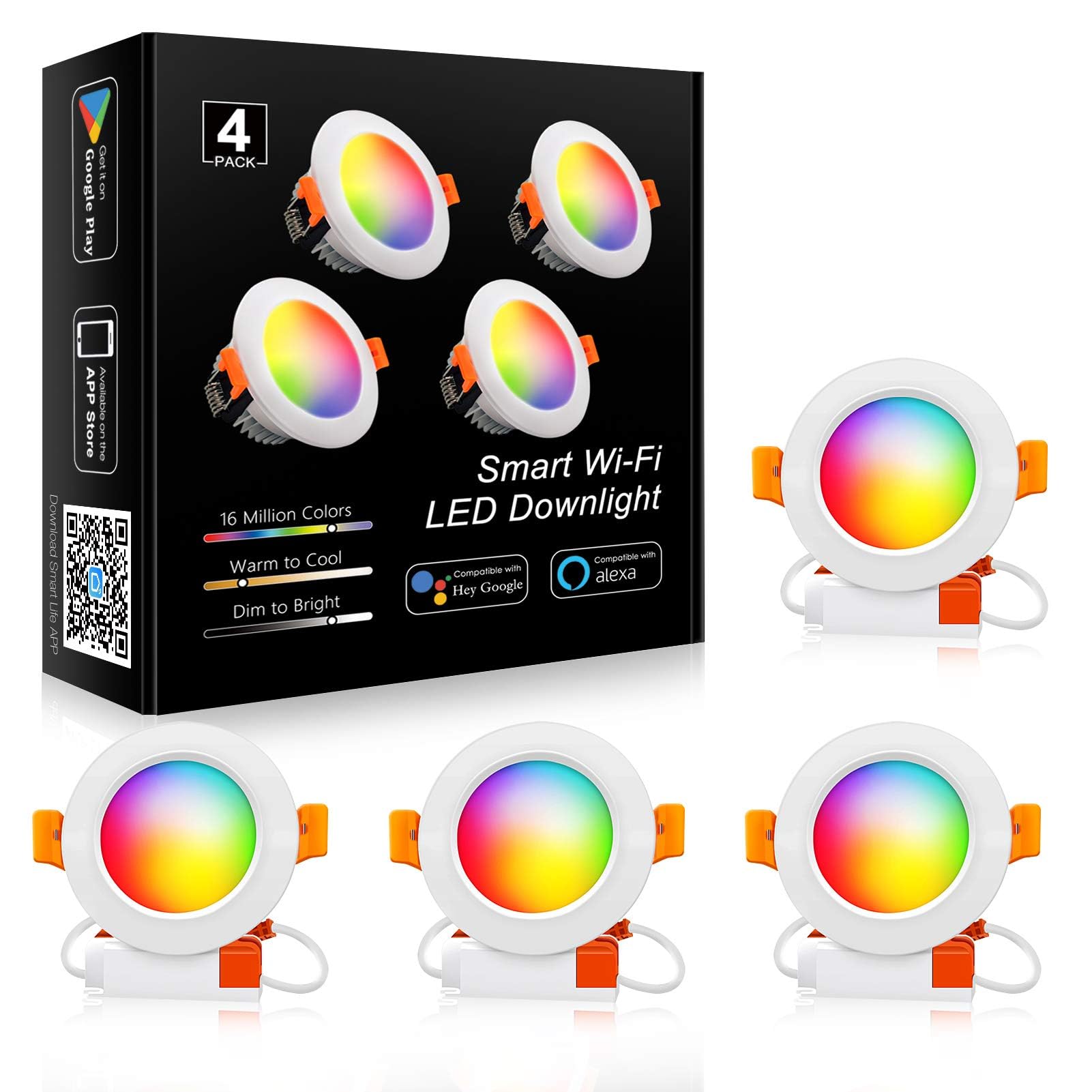 LEDLightsWorld Smart Recessed Lighting, 3 Inch 5W Dimmable RGB WiFi Downlight, 4 Pack, CRI 80, Model LLWRGB003