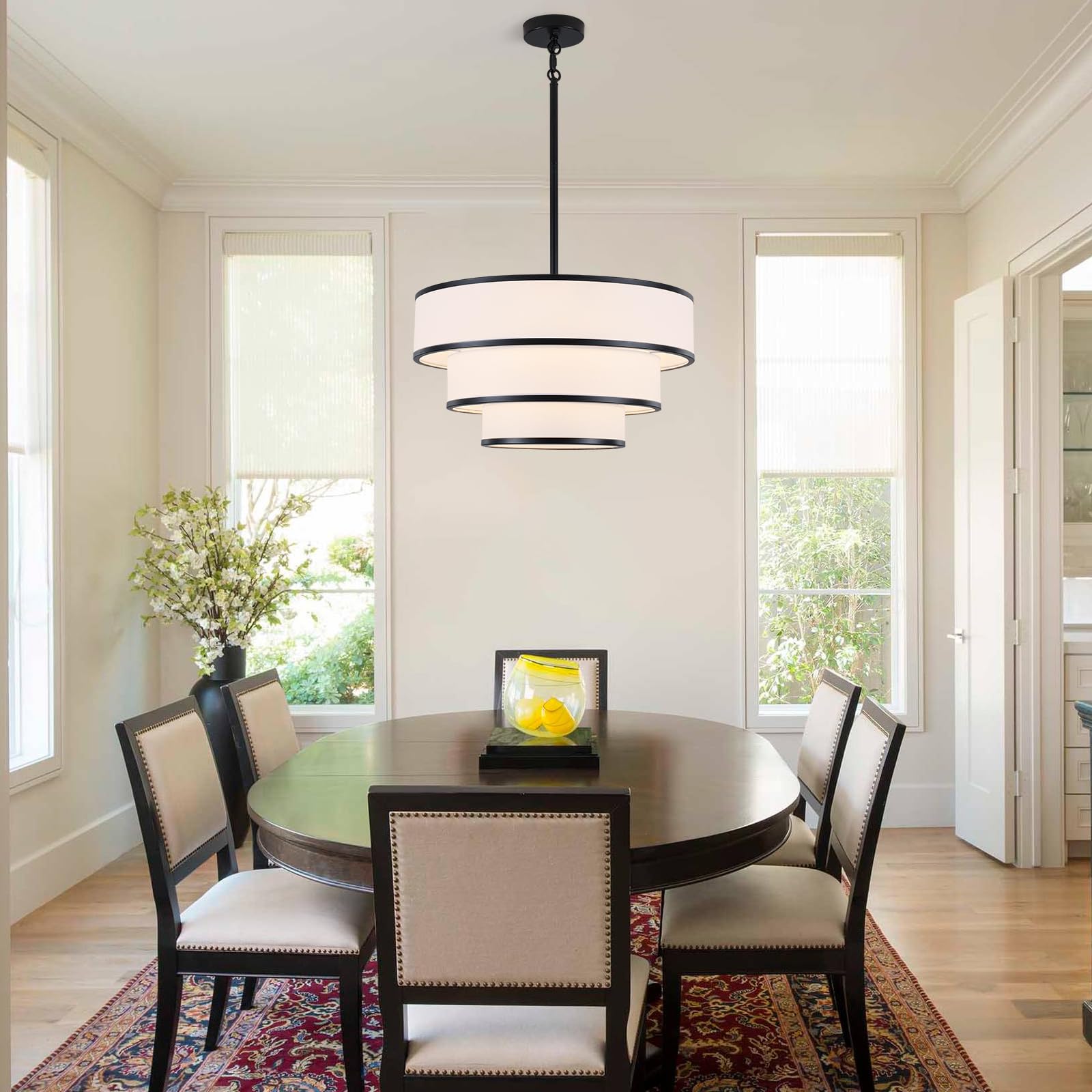 LWYTJO 3-Tier Drum Chandelier, 19.8in  White Fabric, 5-Light Pendant Light for Dining Room, Modern Farmhouse Design