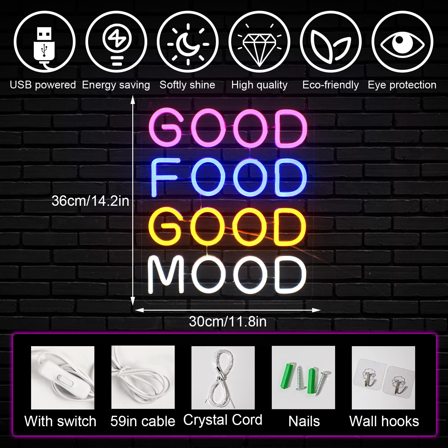 Horseneon Neon LED Sign - Good Food Good Mood - USB Powered Wall Decor - Multicolour - Model Good Food Good Mood-1235