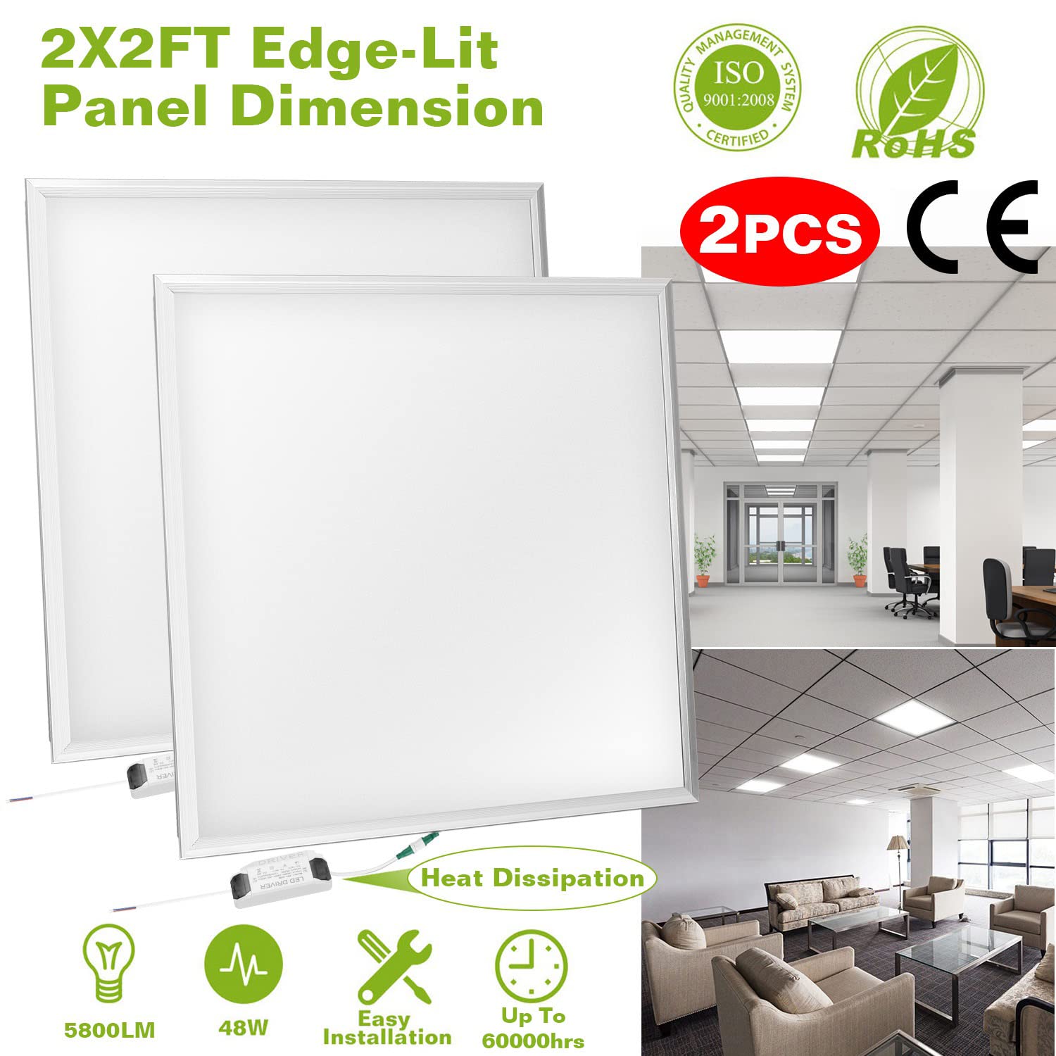 TeqHome LED Flat Panel Light 2x2 ft, 48W, 5800LM, White, Aluminum, Model LP-2022, 2 Pack